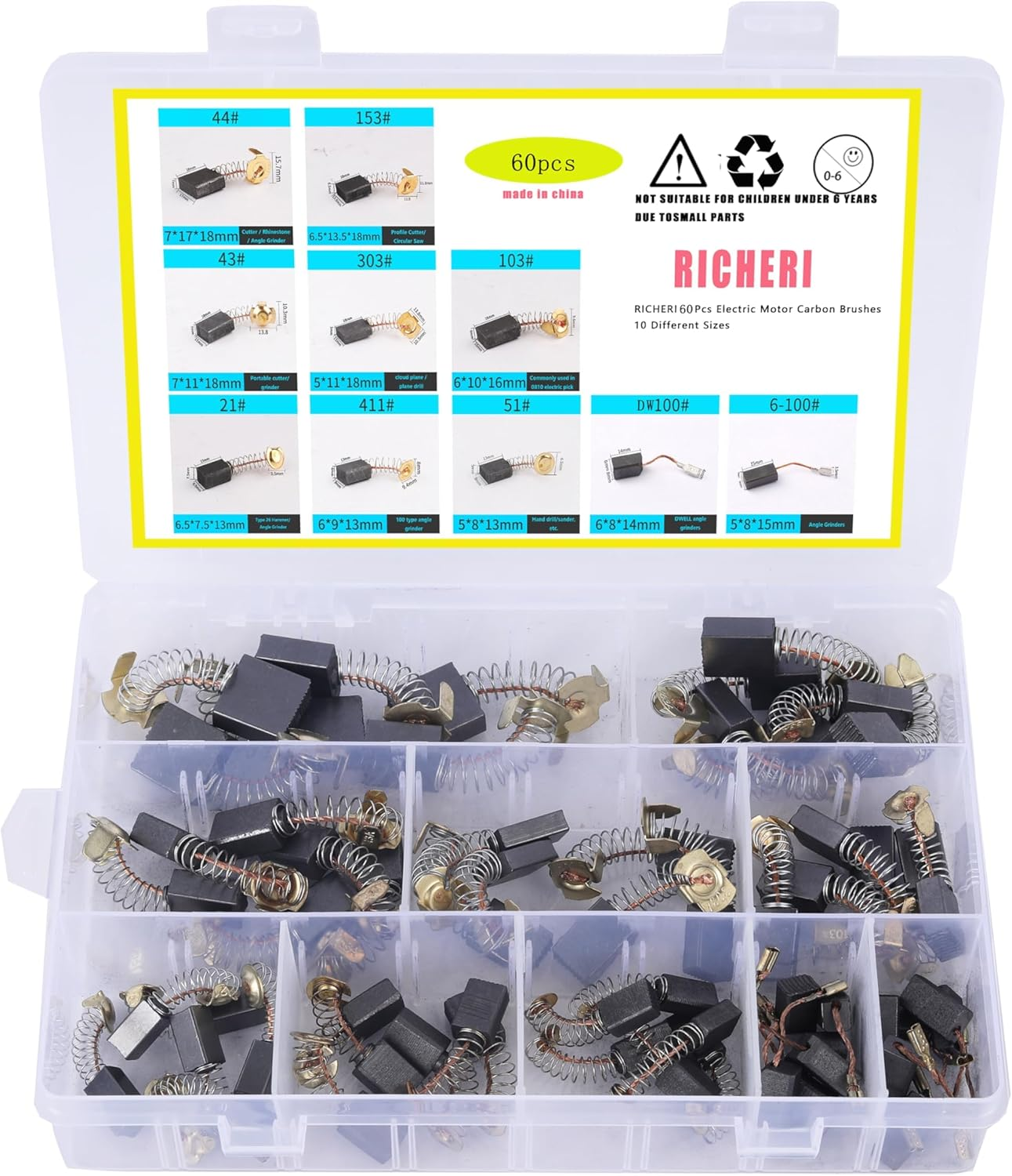 60Pcs Electric Motor Carbon Brushes 10 Different Sizes for Replacement Repair Power Tool Part image number 2