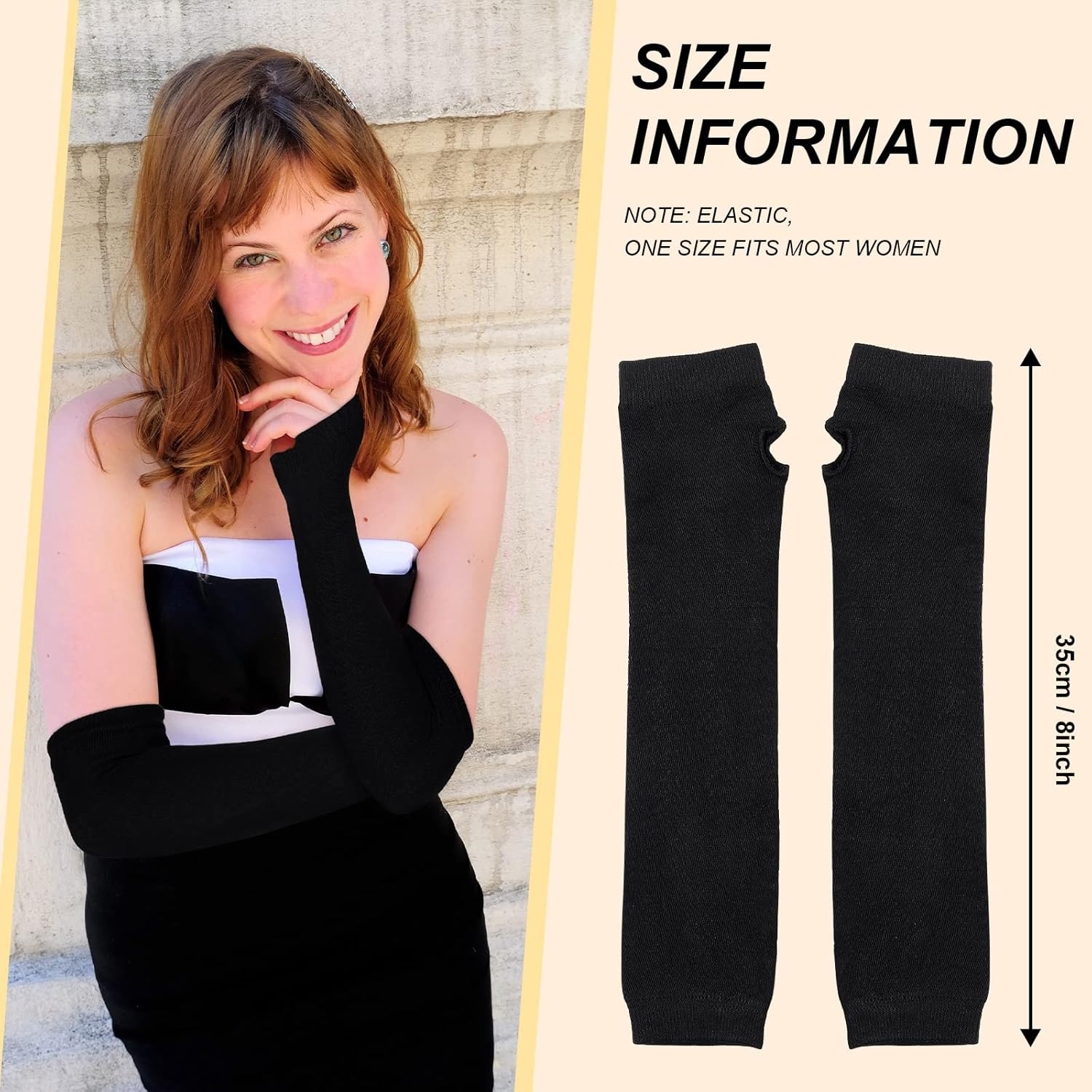 Long Black Fingerless Gloves Arm Warmers Elbow Length Winter Thermal Stretchy Knitted Gloves with Thumb Hole for Women image number 3