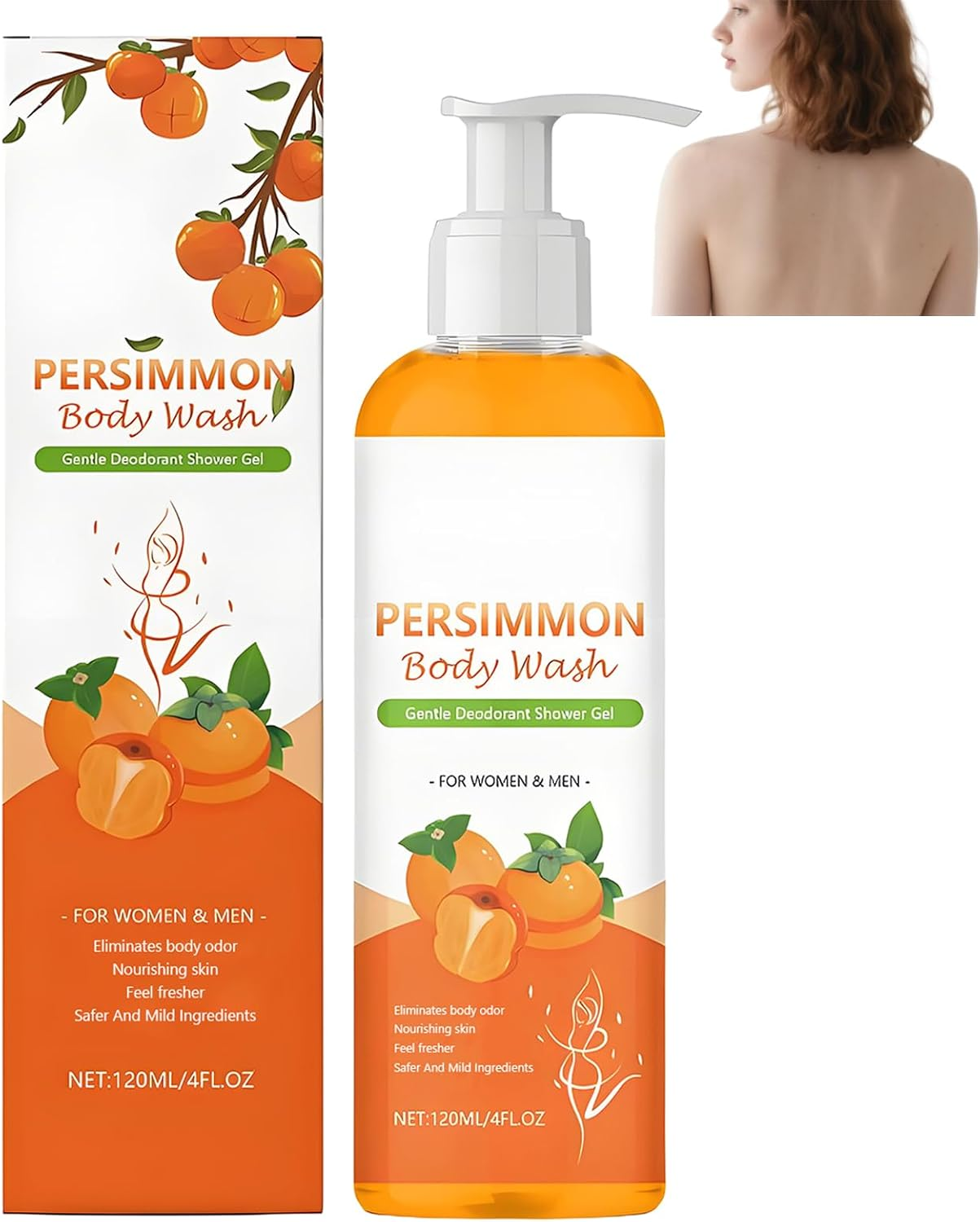 Persimmon Body Wash for Body Odor Controlling, Natural Persimmon Deodorant Shower Gel for Women & Men, Deeply Cleansing & Moisturizing, Nourishing & Brightening Skin, Fresher Scent (2Pcs)