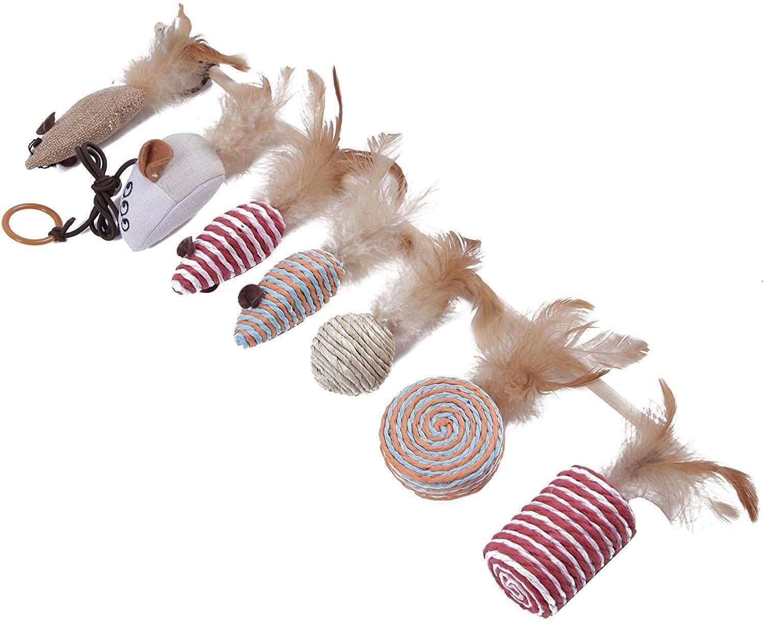 Mumoo Bear Cat Feather Toys Set with 7Packs Feather Ball Mice Interactive Cat Toys, Multicolor, 7Pc Feather Toys