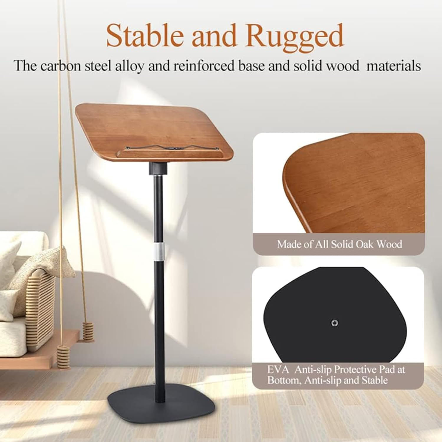 Ssumght Book Stand for Reading Hands Free,80-130Cm Standing Bible Laptop Projector Recipe Tablet Stand for Display,Height & Flat Plate Adjustable for Podium Stand,Wooden Floor Recipe Book Holder