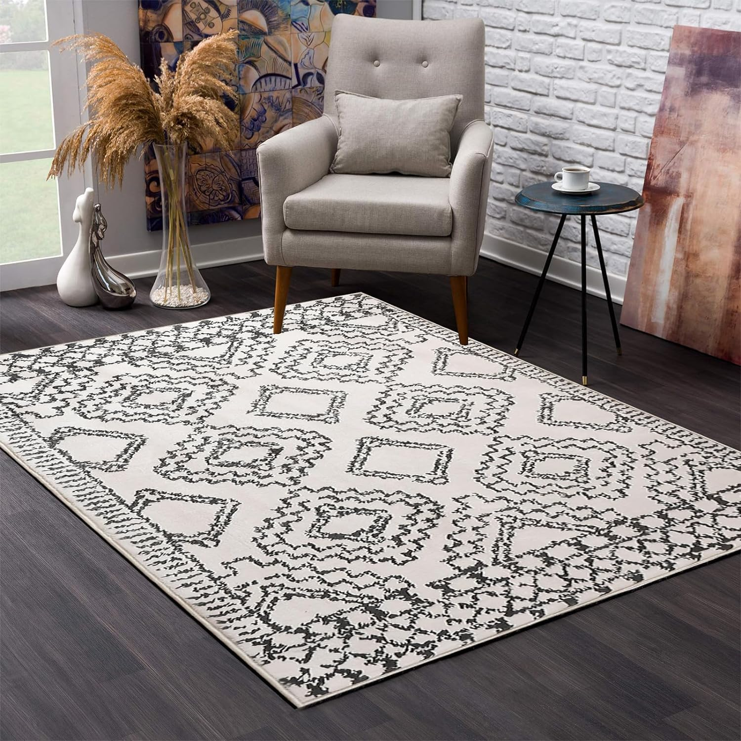 Moroccan Area Rugs 200X250Cm Living Room Rugs Modern Abstract Rug Geometric Carpet Non-Slip Short Pile Rug Large Rugs for Living Room Soft Bedroom Area Rug (Beige/Ivory)