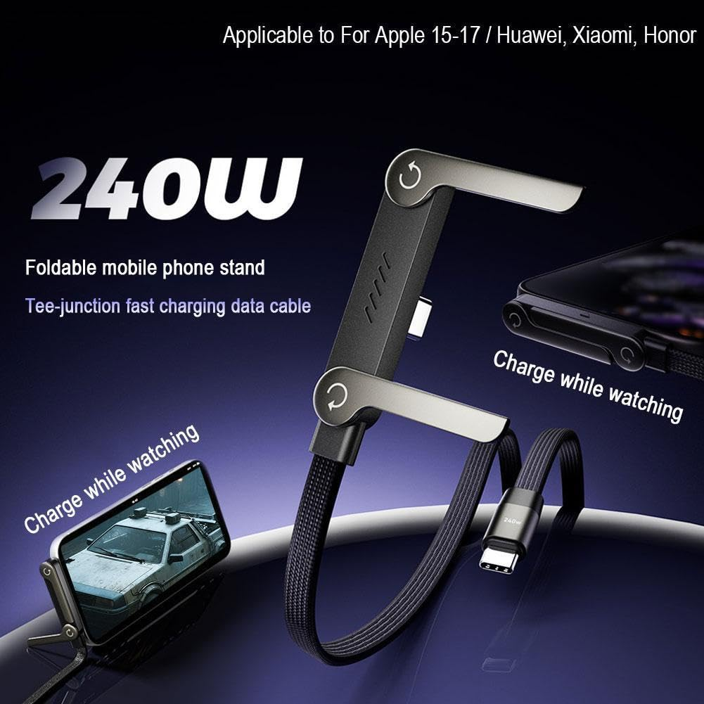 240W Invisible Stand Charging Cable with Braided Cables, 2 In1 Mobile Phone Holder Data Cable, 360&deg; Foldable Rotation Multi Alloy Nylon Braided Type C Charger for Phone Tablets (1.5M/5Ft/1Pcs) image number 2