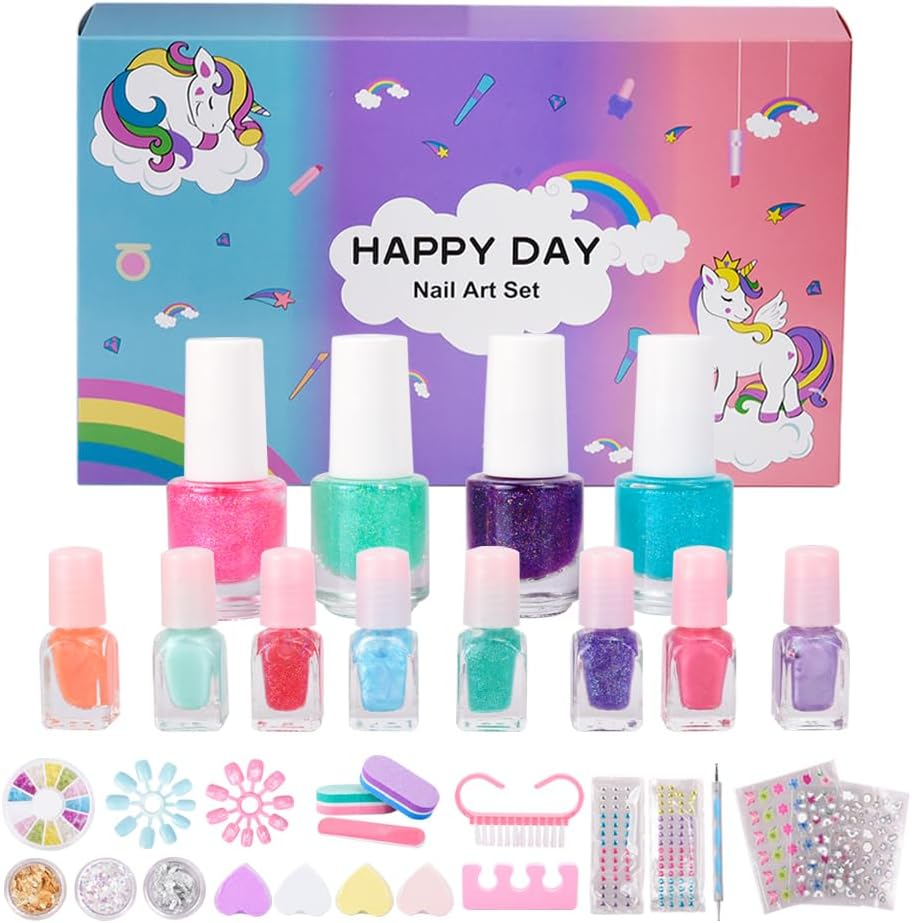 Nail Art Kit with Non-Toxic Nail Polish for Girls, 34Pcs Kids Nail Design Tool Set with Peel-Off Nail Polishes, Dotting Pen, False Nail, DIY Sticker, Nail File and More, Nail Decoration Gift for Girls Age 6-15 image number 3