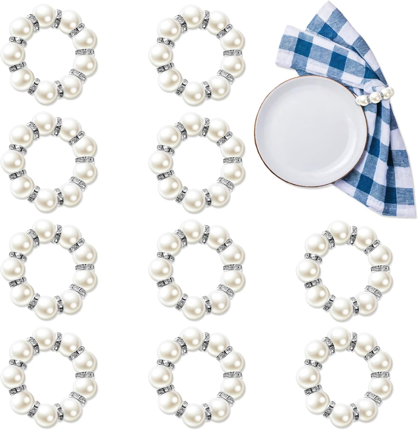 TEAONE Pearl Napkin Rings, 10 PCS Wedding Napkin Holders for Anniversary, Banquet, Party, Daily Use (4Cm/1.57In) image number 2