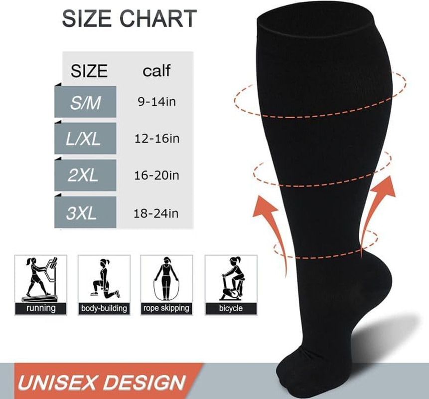 Compression Socks Medical Wide Calf S/M/L/XL/XXL/3XL/4XL Size Flight Socks15-20 Mmhg for Fatigue, Pain, Leg Swelling, Mens Women Compression Socks image number 4