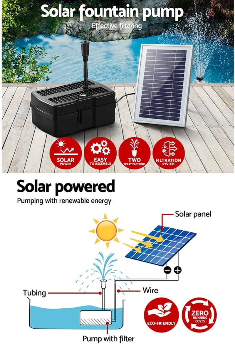 Gardeon Solar Water Fountain, 5Ft Bird Bath Feature Pond Pump Outdoor Features Fountains Garden Pool Patio Decoration, Powered DC Brushless Submersible 2 Stage Filtration System Black