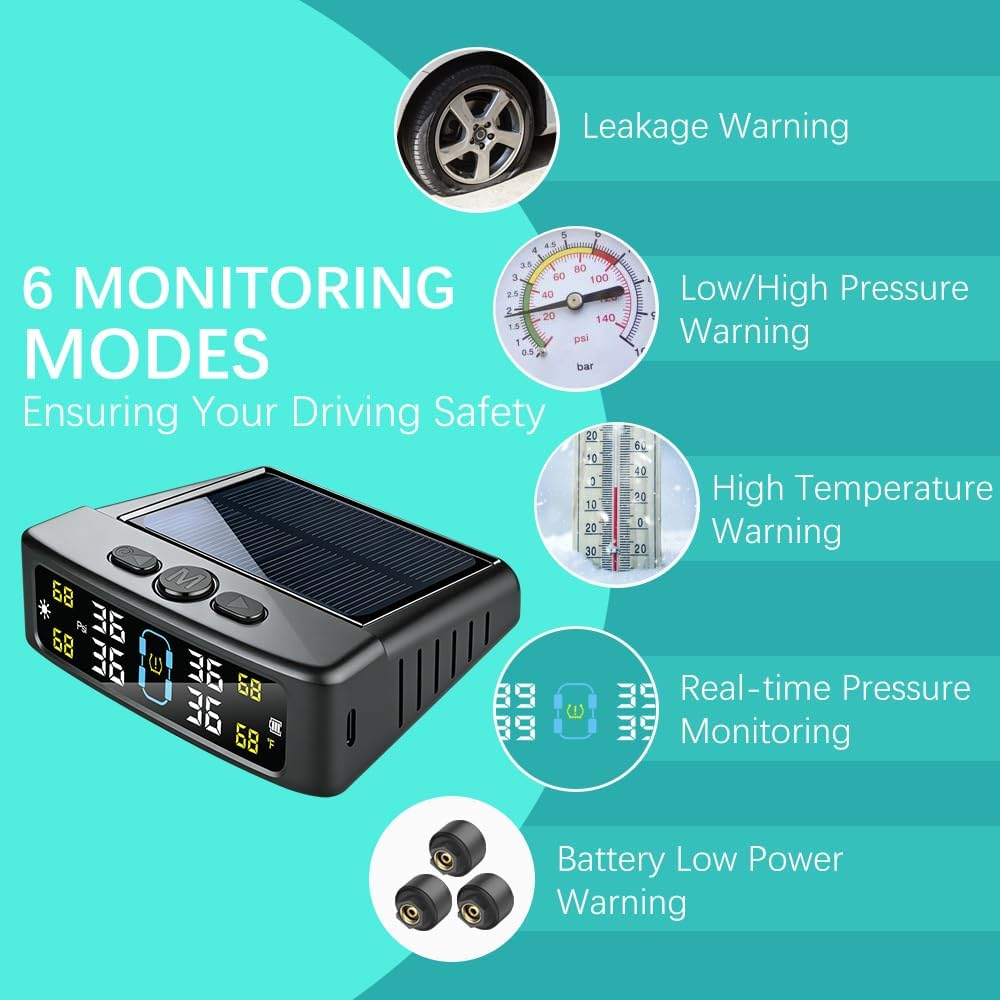 Tire Pressure Monitoring System, TPMS with Solar & USB Charge, Tire Pressure Monitor System with 4 External Sensors & 6 Alarm Modes, Color LCD Display TPMS with Auto Sleep for Car, Sedan, SUV, VAN, RV