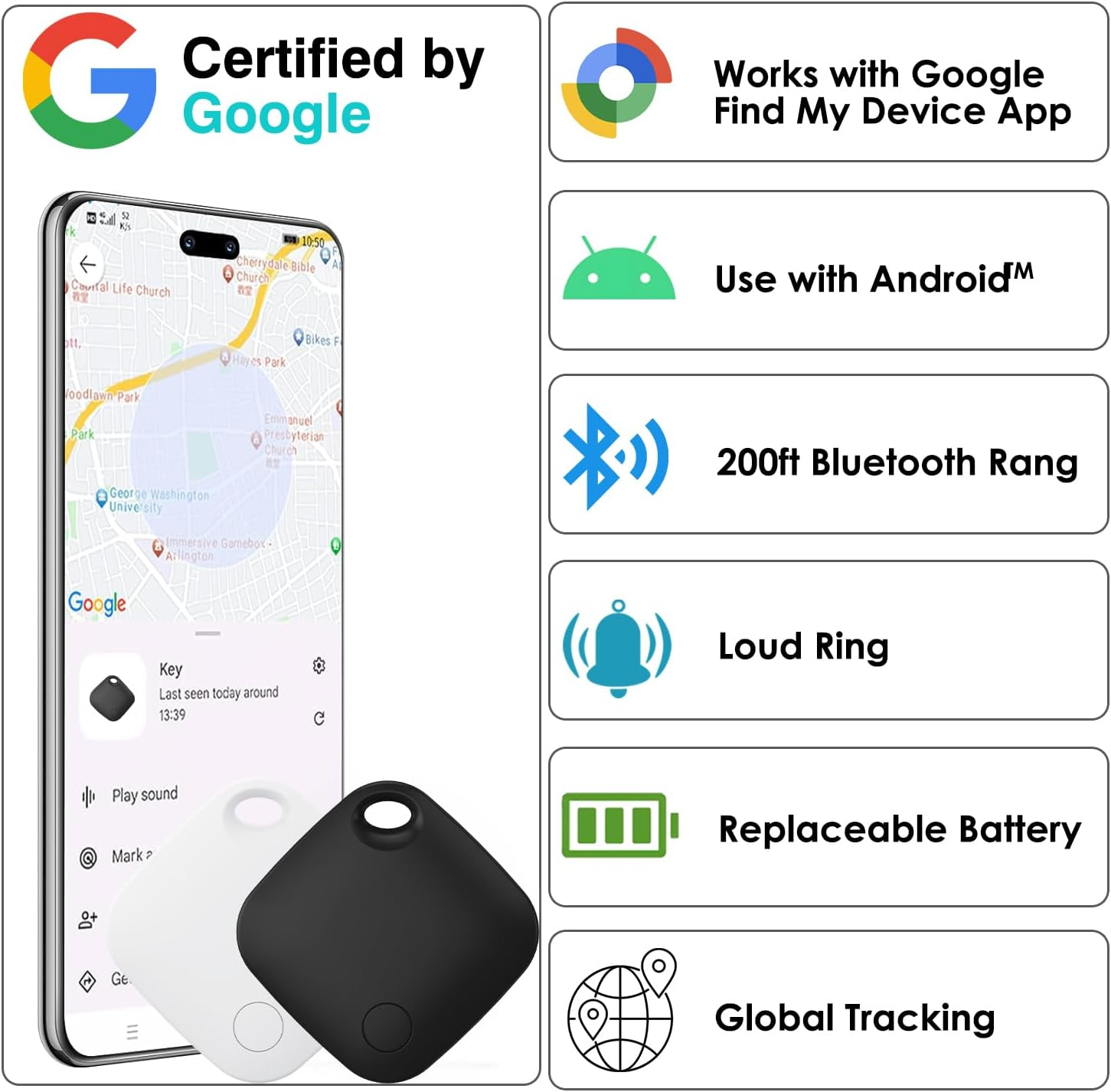 [2-Pack] Bluetooth Tracker for Android Phones(Not for Ios), Google Certified Smart Tracking Tag for Google Find Hub. Key Finder Item Locator for Keys, Luggage, Backpack and More (1 Black+1 White) image number 3