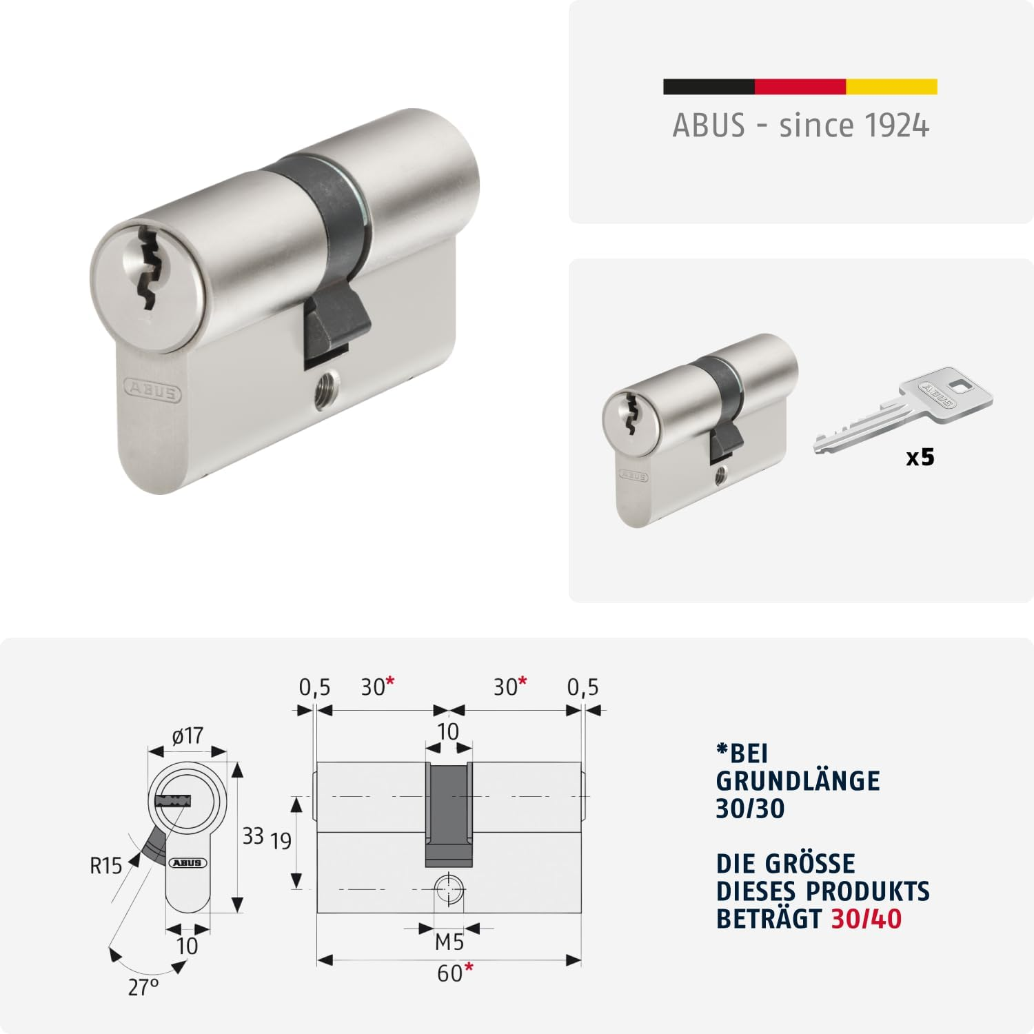 ABUS E30NP 598098 30/40 Profile Cylinder with 5 Keys image number 2