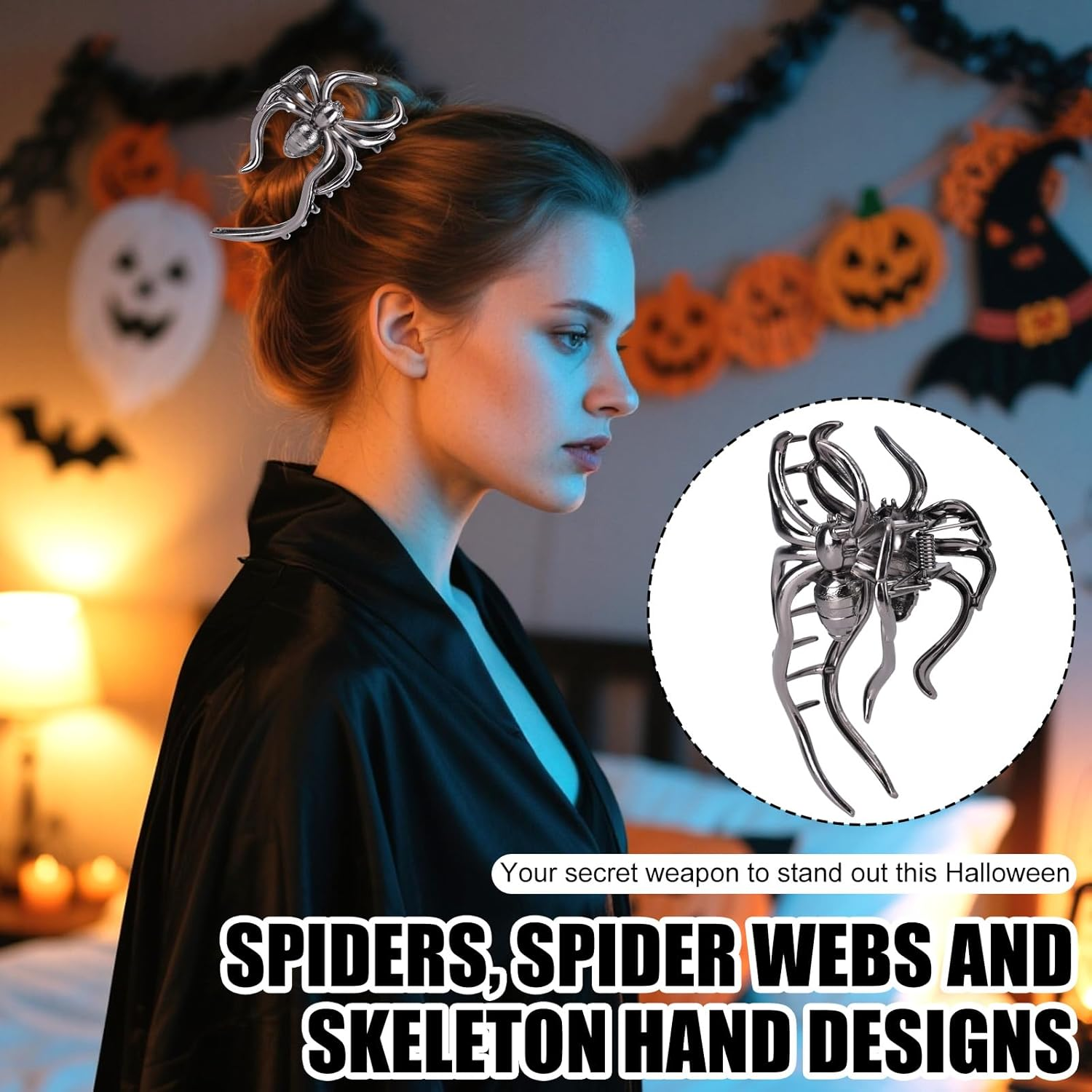 3 Pcs Halloween Hair Claw Clips for Women & Girls, Gothic Metal Hair Accessories with Hollow Design Spider Web Skeleton Hand Spider Claw Clips for Halloween Party Cosplay image number 6