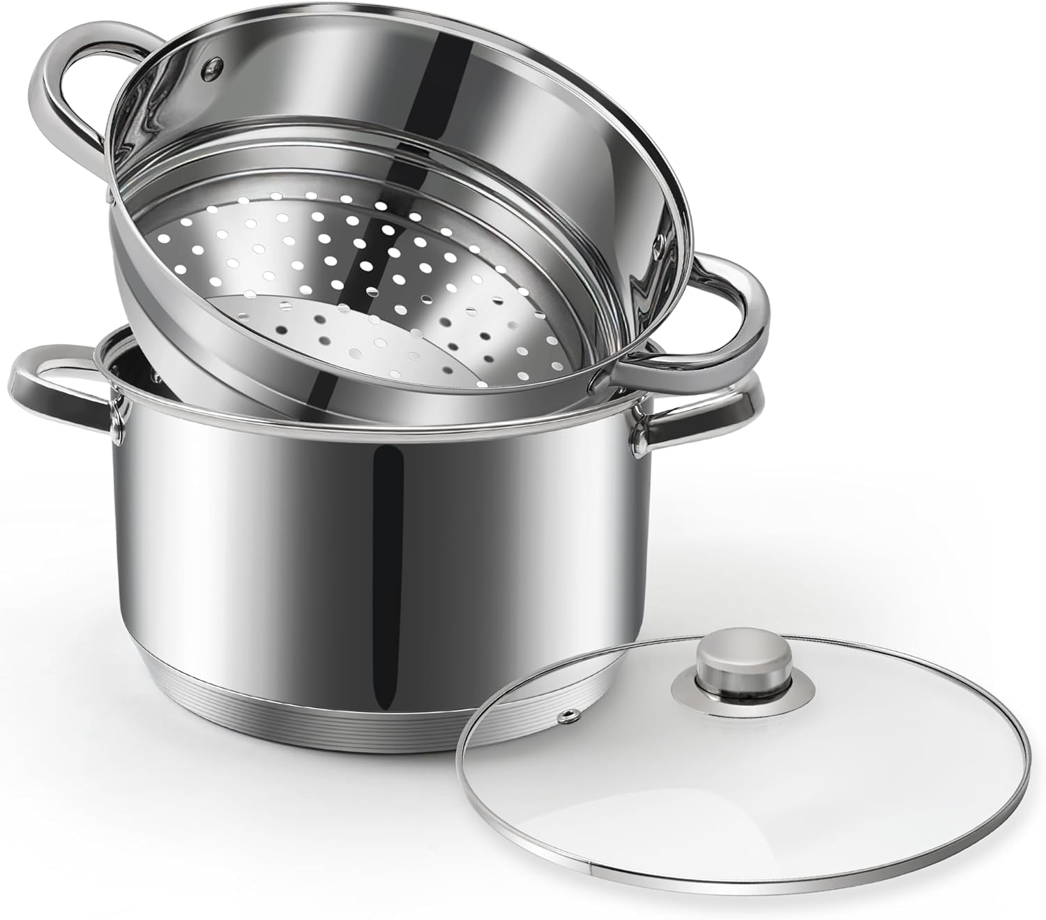 ASKSCICI 6 Quart 18/10 Stainless Steel Tri-Ply Stockpot with Tempered Glass Lid, Multipurpose Steamer Insert Compatible with All Cooktops, Non-Toxic, Oven and Dishwasher Safe, Silver Steamer Pot image number 1