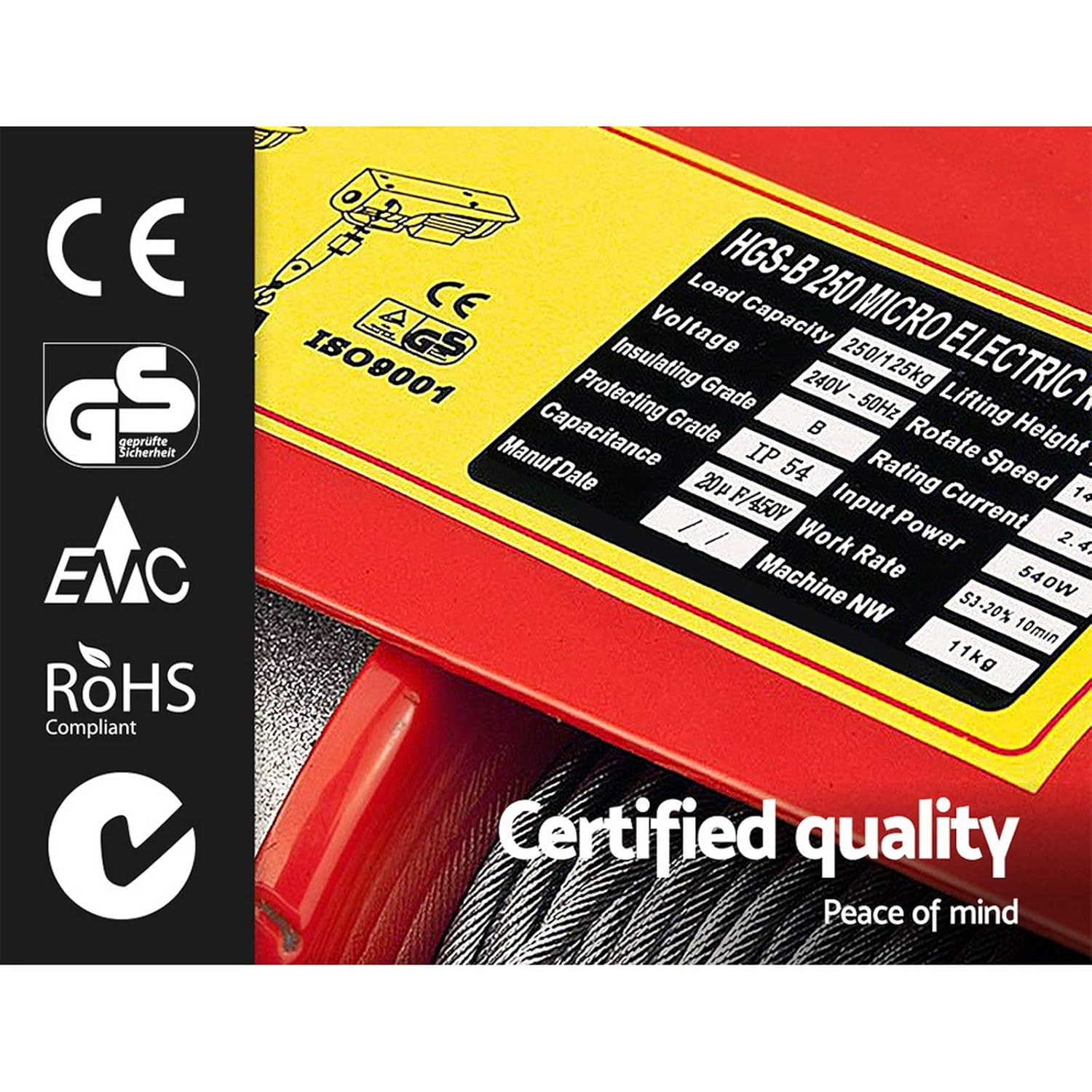 Giantz Electric Hoist, 250Kg 510W Rope Tool Electronic Cable Hoists Lift Crane Remote Control Chain Lifting Winch Home Garage Work Machine, 18M High Tensile Cables Magnetic Single Double Ropes Red