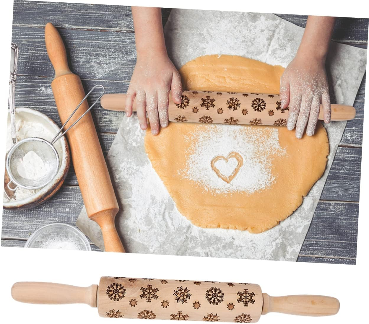 Snowflake Print Rolling Pin Wooden Christmas Embossing Roller Non-Slip Handle for Baking image number 6