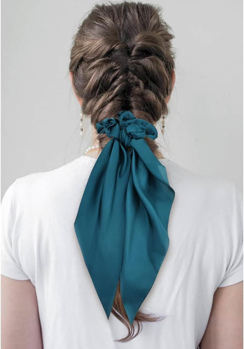 Cinaci 12 Pack Solid Silk Chiffon Stretchy Hair Ties with Long Ribbon Bow Hair Scrunchies Elastics Hairbands Ponytail Holders Rubber Bands Accessories for Women Girls image number 1