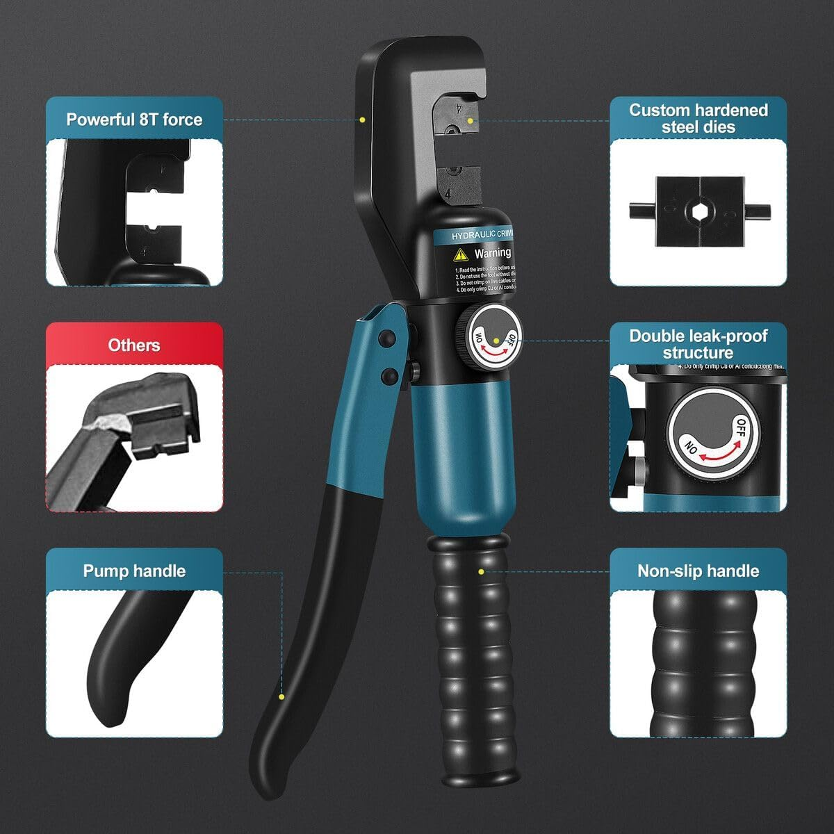 SHOGUN Hydraulic Crimping Tool Kit 8 Ton Electrical Wire Lug Terminal Crimper 12AWG Battery Cable Cutter Power Force 8 Dies 4-70Mm Auto Repairing Tool image number 6