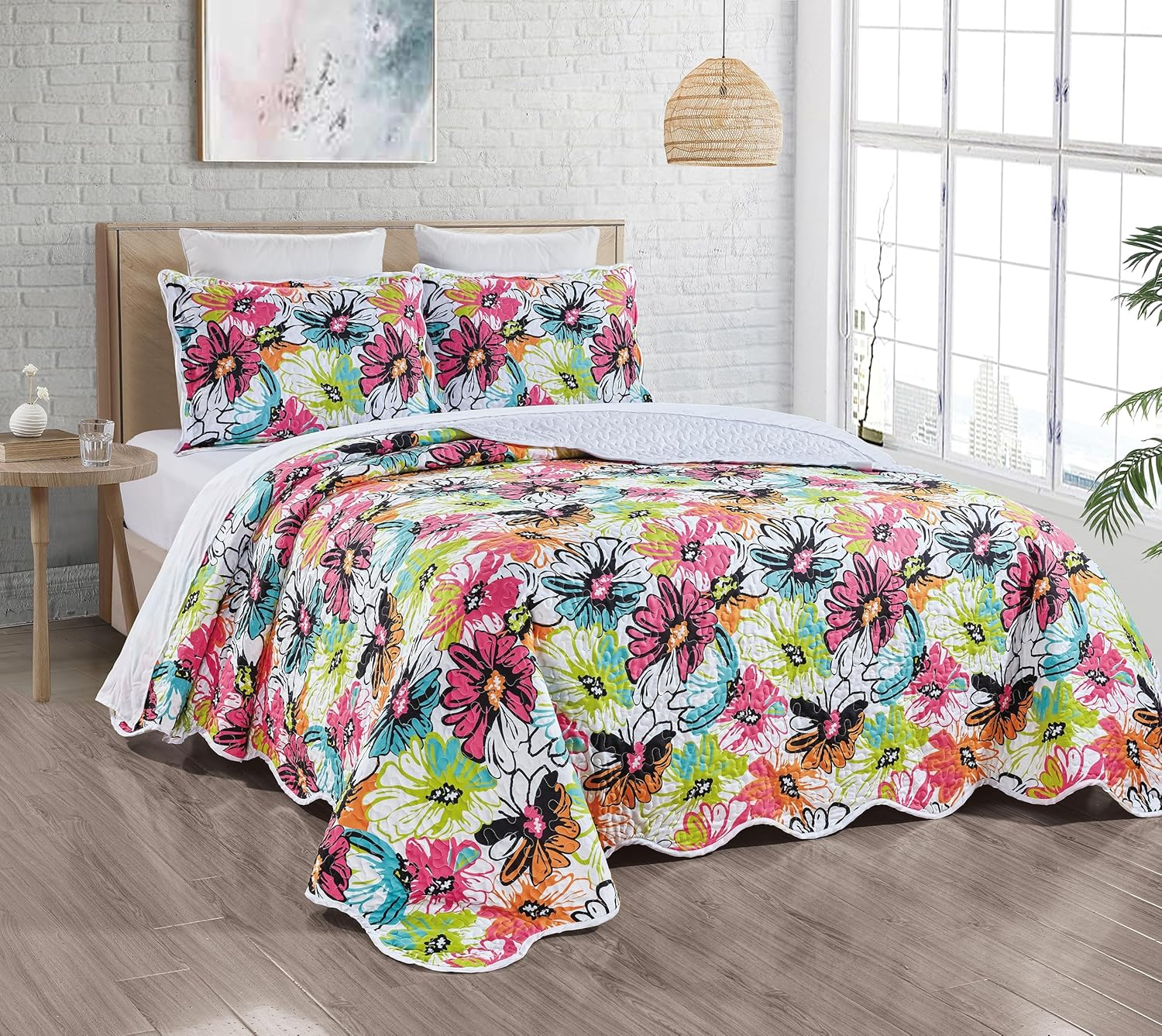Grand Linen 3-Piece California Cal King Size Wave Edged Oversized Quilt Set 118" X 95" All-Season Large Bedspread Pillow Shams Lightweight Soft Coverlet Pink Blue Green Orange Colors Floral Pattern