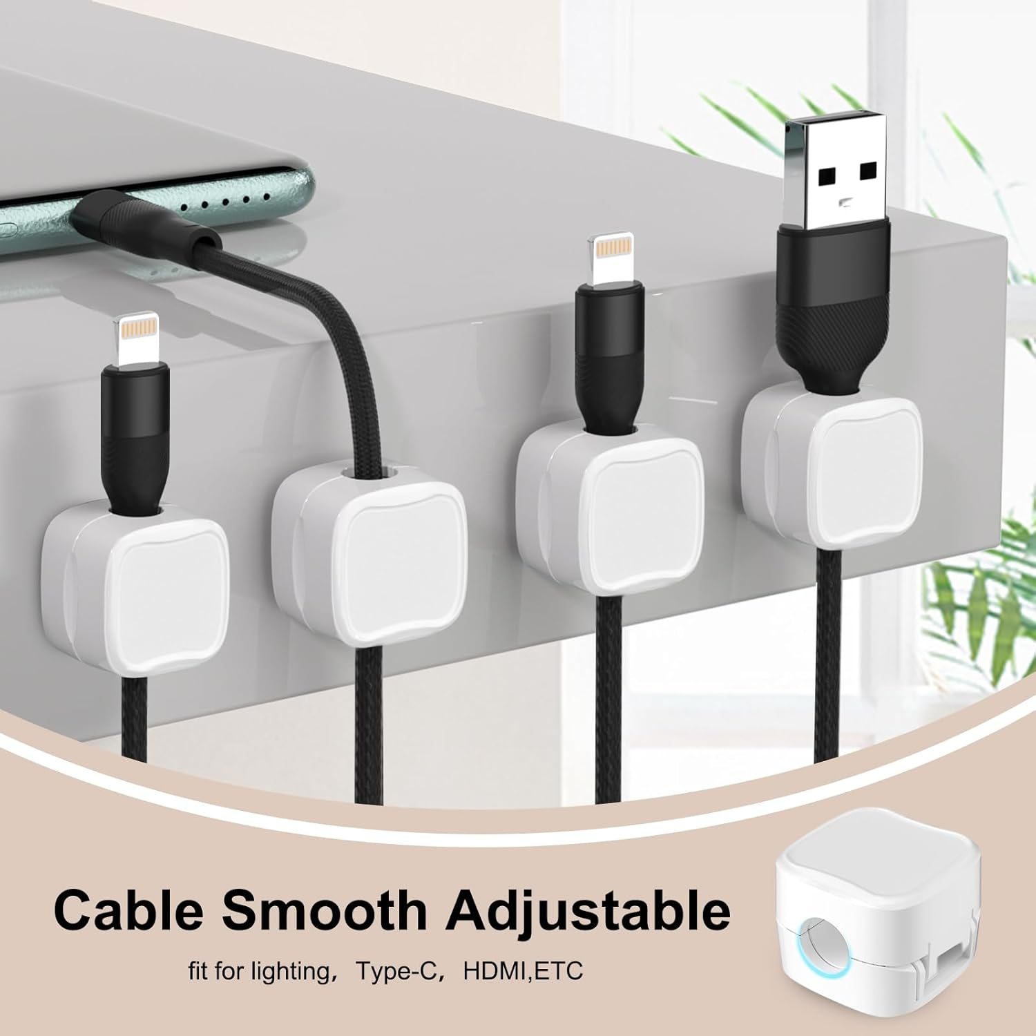 Magnetic Cord Organizer,8Pcs Cable Clips,Self Adhesive under Desk Cable Management,Cable Organizer Cable Holders for Desk, Nightstand,Phone Charger,Computer,Home,Office,Car (White) image number 4