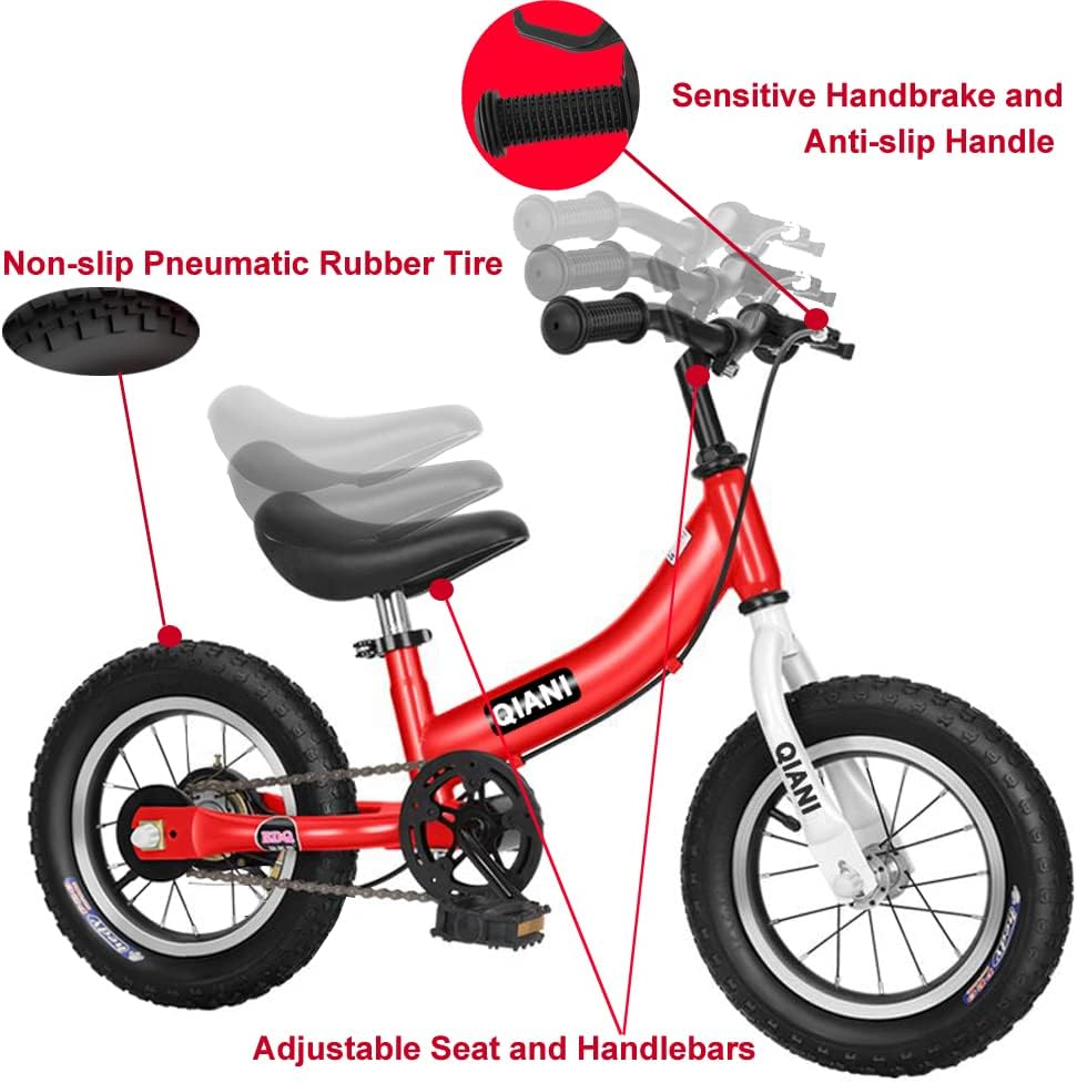Qiani Balance Bike 2 in 1 for Toddlers,Kids 2-7 Years Old,Balance to Pedals Bike,12 14 16 Inch,With Removable Pedals,Training Wheels,Adjustable Seat,Brake,Red Blue Pink image number 4