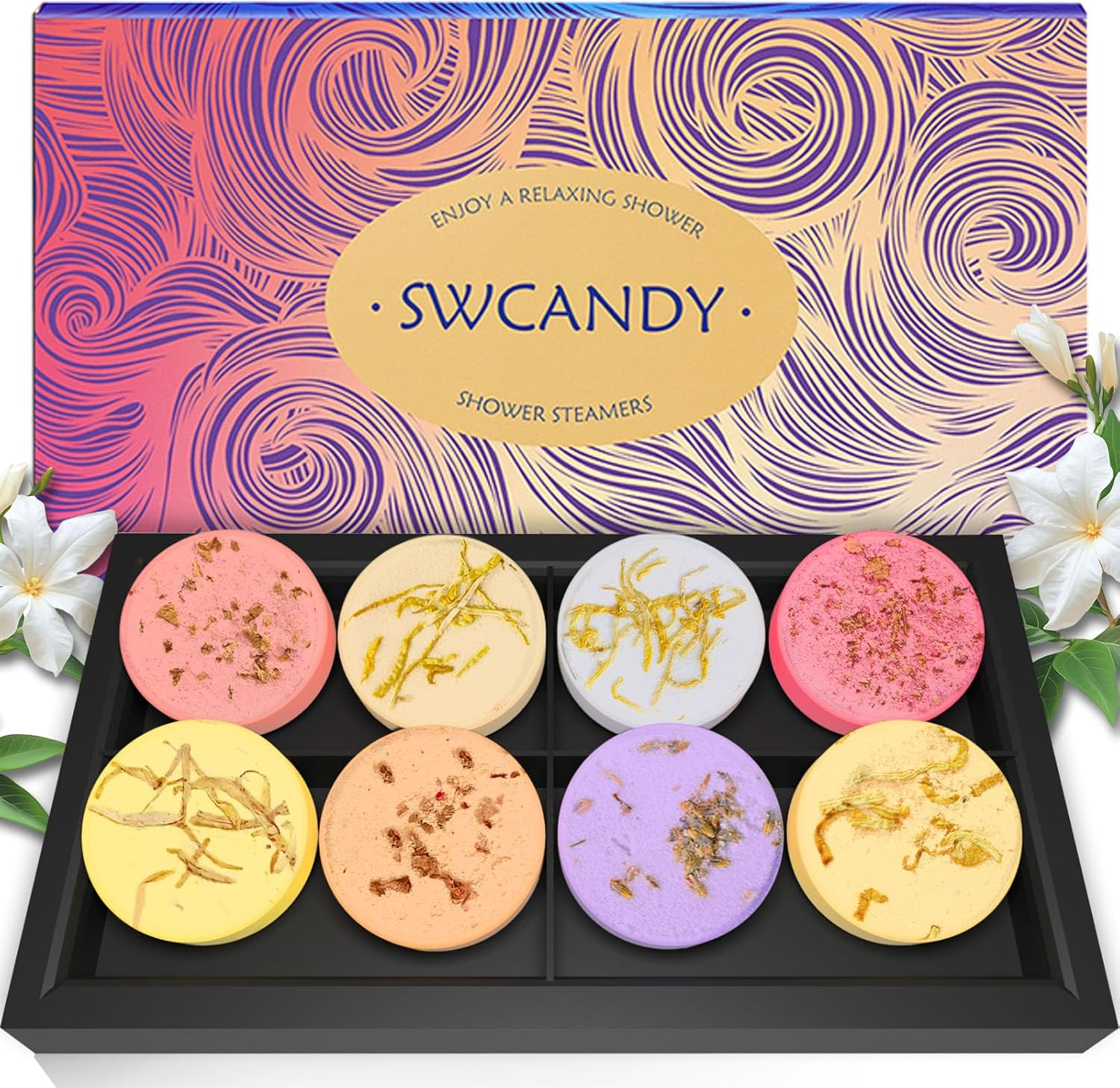 Shower Steamers Aromatherapy SWCANDY 8 Pack Gifts for Women Stocking Stuffers for Adults, Her, Mom, Men Natural Essential Oils Home Spa Self Care Stress Relief Relaxation Bath Bombs Christmas Flower image number 1