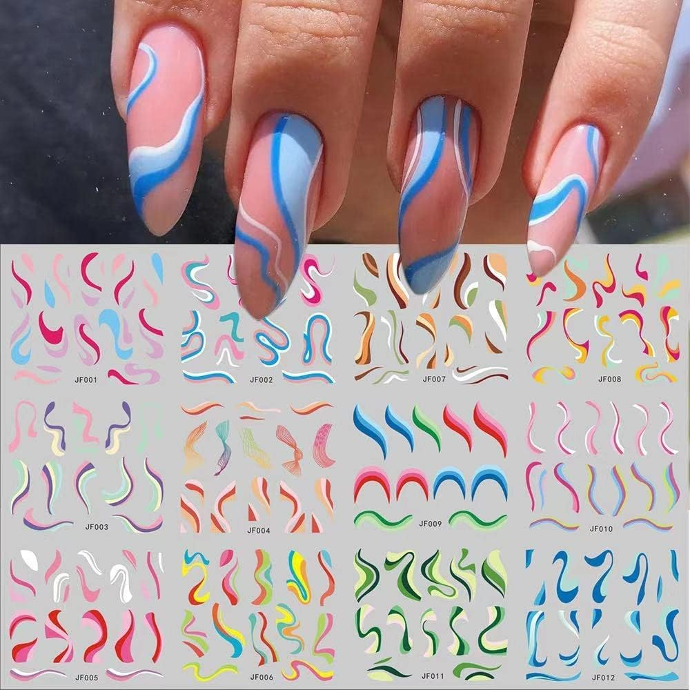 Acemedia 24 Patterns Nail Stickers, Colorful Stripes Lines Rainbow Geometric Nail Stickers，Self-Adhesive Design for Girl DIY Nail Tips image number 3