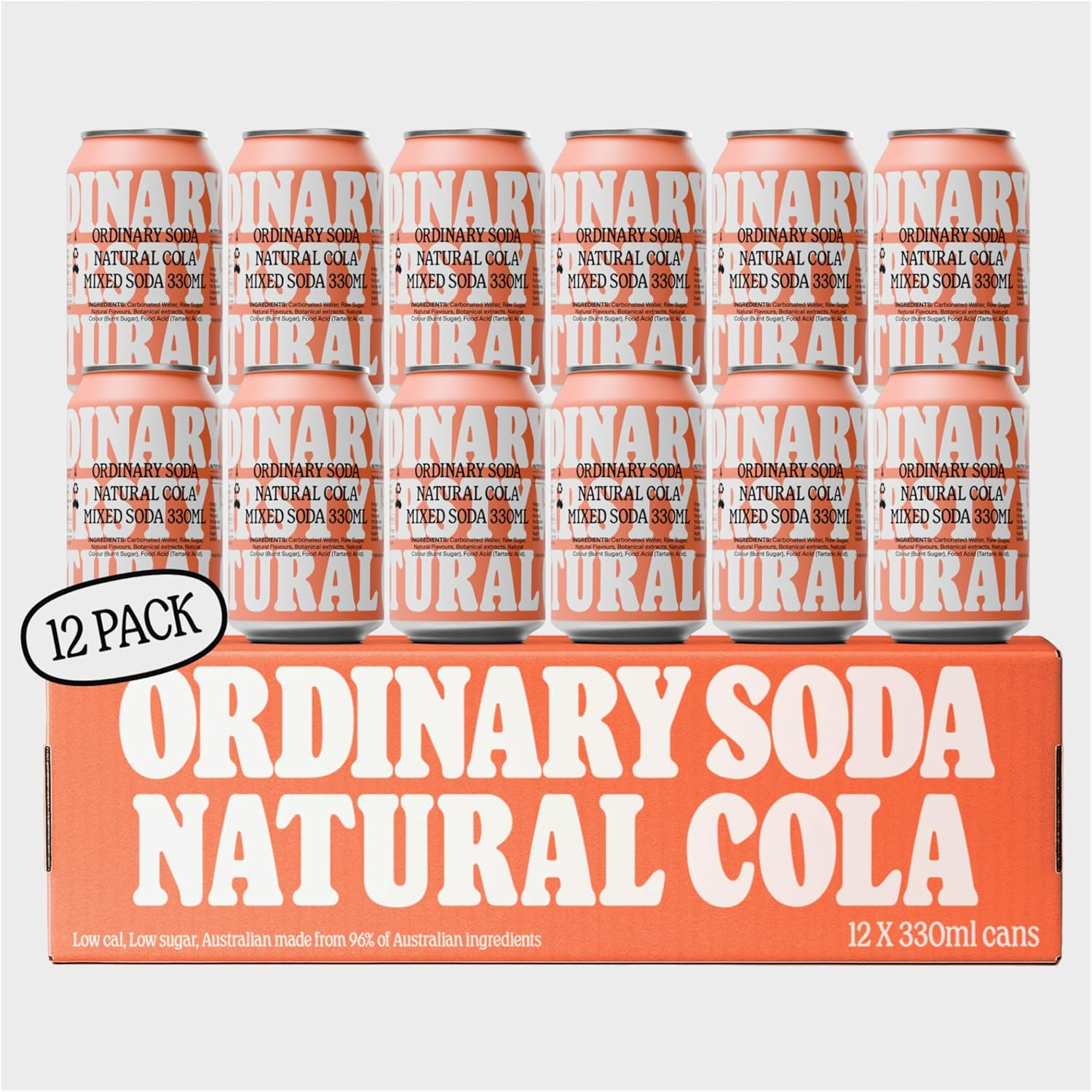 Ordinary Soda Natural Lo-Cal Soft Drink 12X330Ml &ndash; Australian-Made Sparkling Soft Drink, Natural Flavours, Botanical Extracts. Less than 2G of Sugar per 100Ml Serving Size 12 Cans Bold & Smoky Cola image number 1