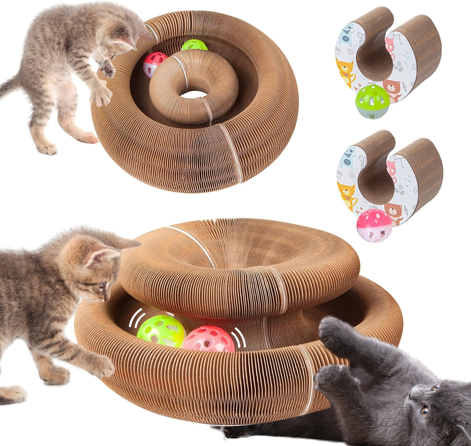 Bonitacrylic 2 PCS Kitty Kurlz Cat Toys, Magic Accordion Scratching Board, Interactive Organ Toy with One Balls, Enrichment Scratcher Mat for Kitten Bed Made of Cardboard