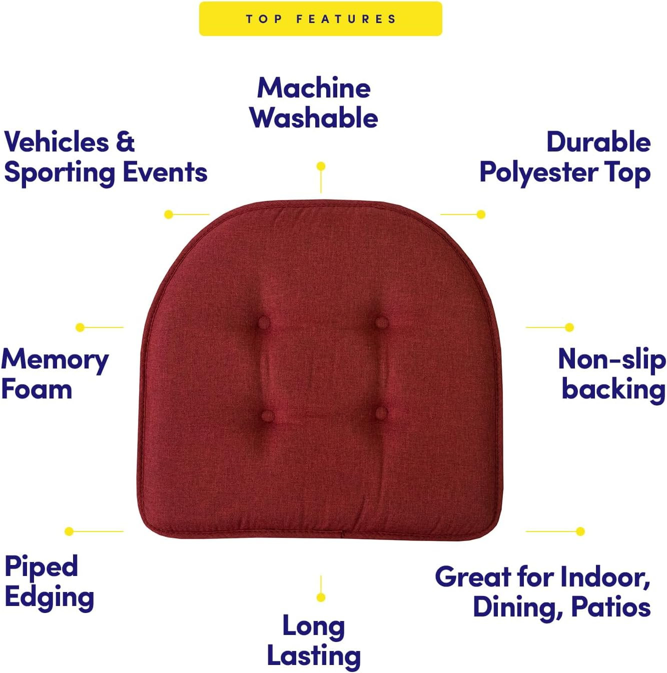 Sweet Home Collection Chair Cushion Memory Foam Pads Tufted Slip Non Skid Rubber Back U-Shaped 17" X 16" Seat Cover, 2 Count (Pack of 1), Wine Burgundy image number 6