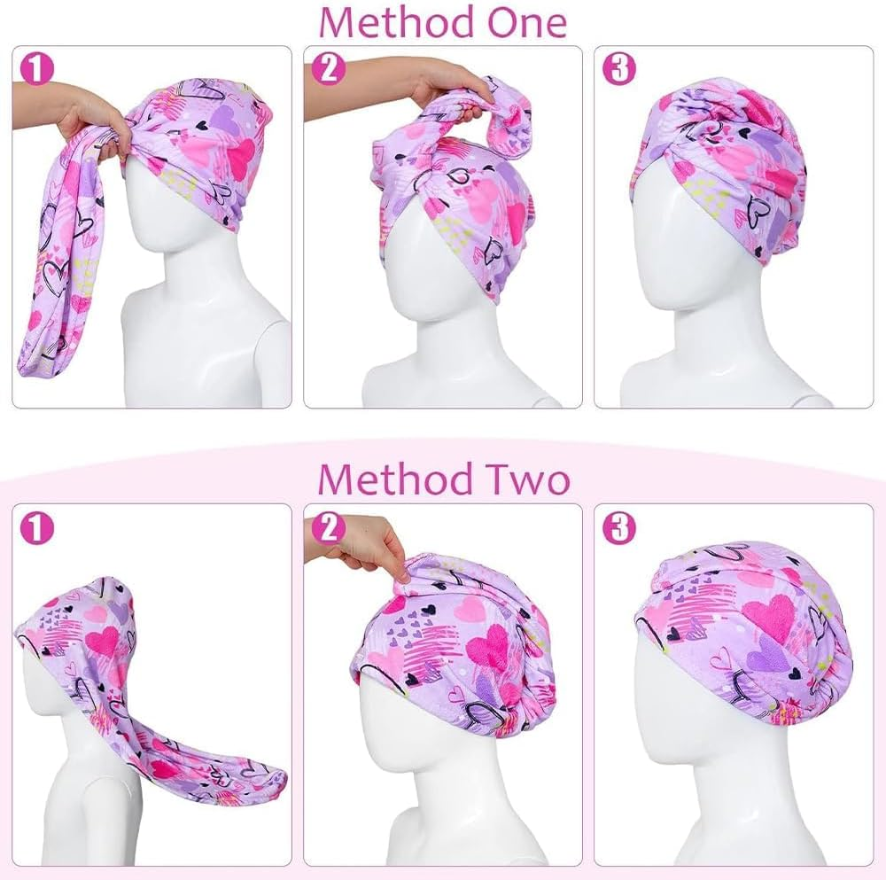 2 Pack Microfiber Hair Drying Towels Quick Dry Anti-Frizz Head Turban with Button Wet Hair Towel Wrap Turban for Long Thick & Curly Kids Girls Women,Super Absorbent Soft (Pink & Blue Love)