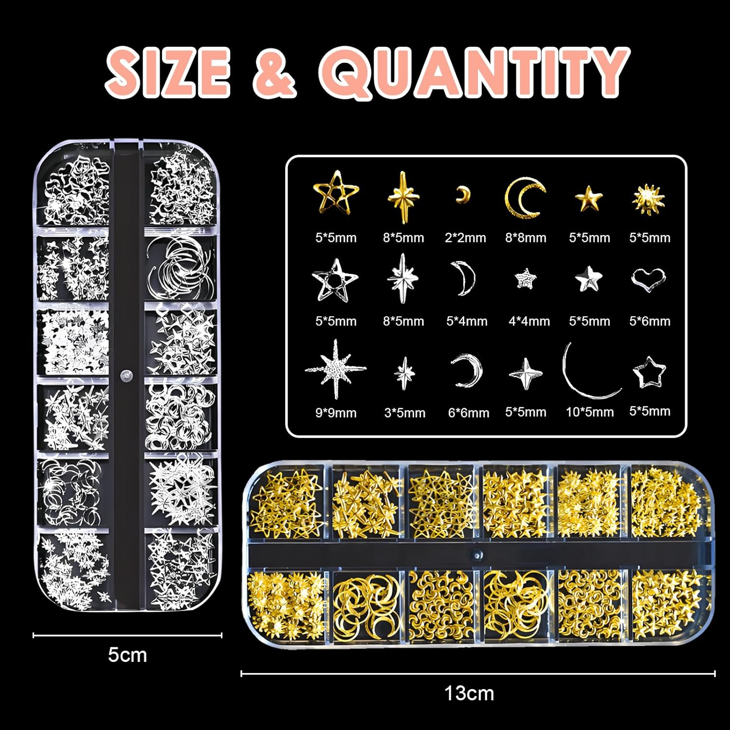 Jotia 2 Boxes Gold Silver Nail Charms, Star Moon Sun Nail Jewelry Decorations Nail Art Rhinestones for Women Girls DIY Manicures Crafting Decoration image number 1