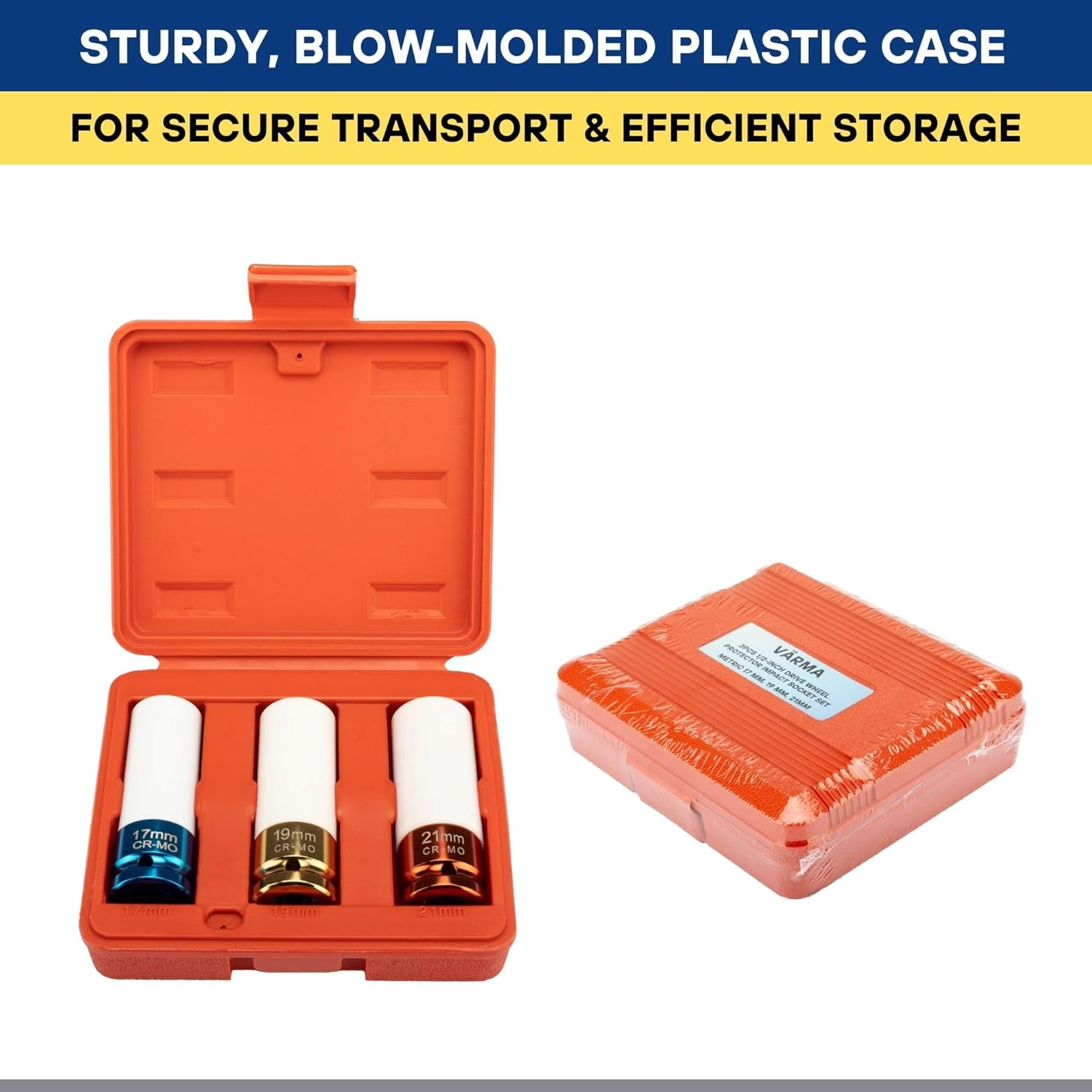 V&Auml;RMA 3-Piece 1/2-Inch Drive Heavy-Duty Wheel Protector Impact Socket Set, Thin Wall Deep Impact Socket, Lug Nut, 6 Point Metric 17Mm 19Mm 21Mm, Automotive Tire Repair Tools (ED Colour Coating) image number 4