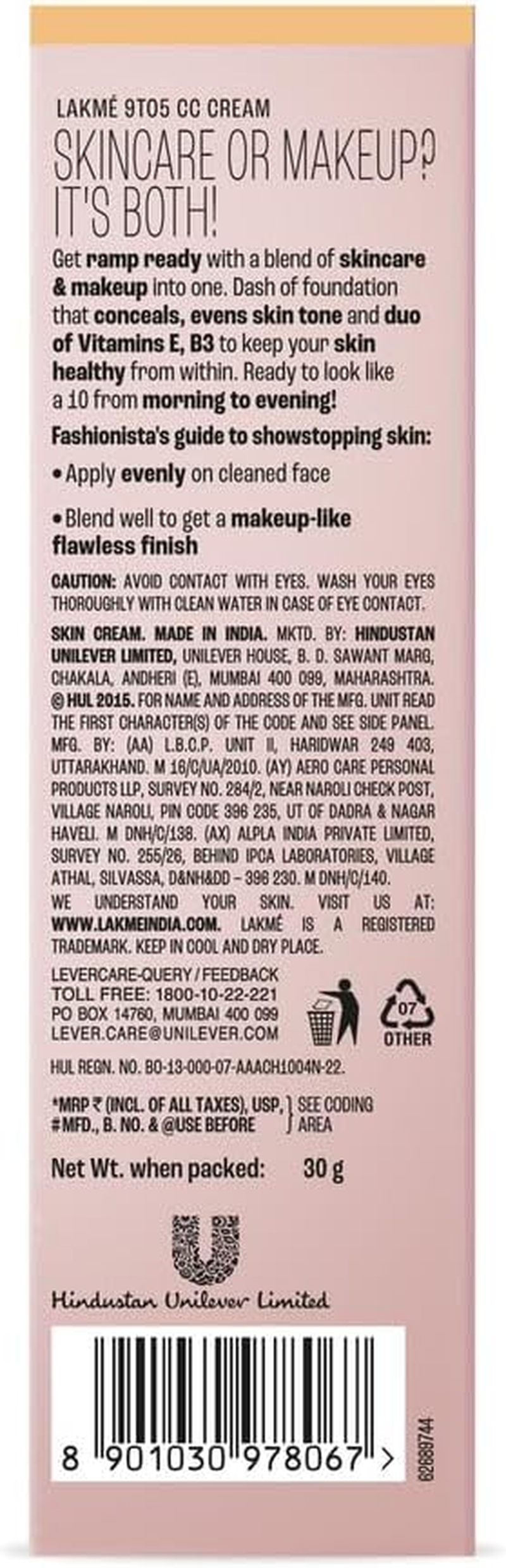 Lakme 9 to 5 Complexion Care CC Cream, Honey, 30G