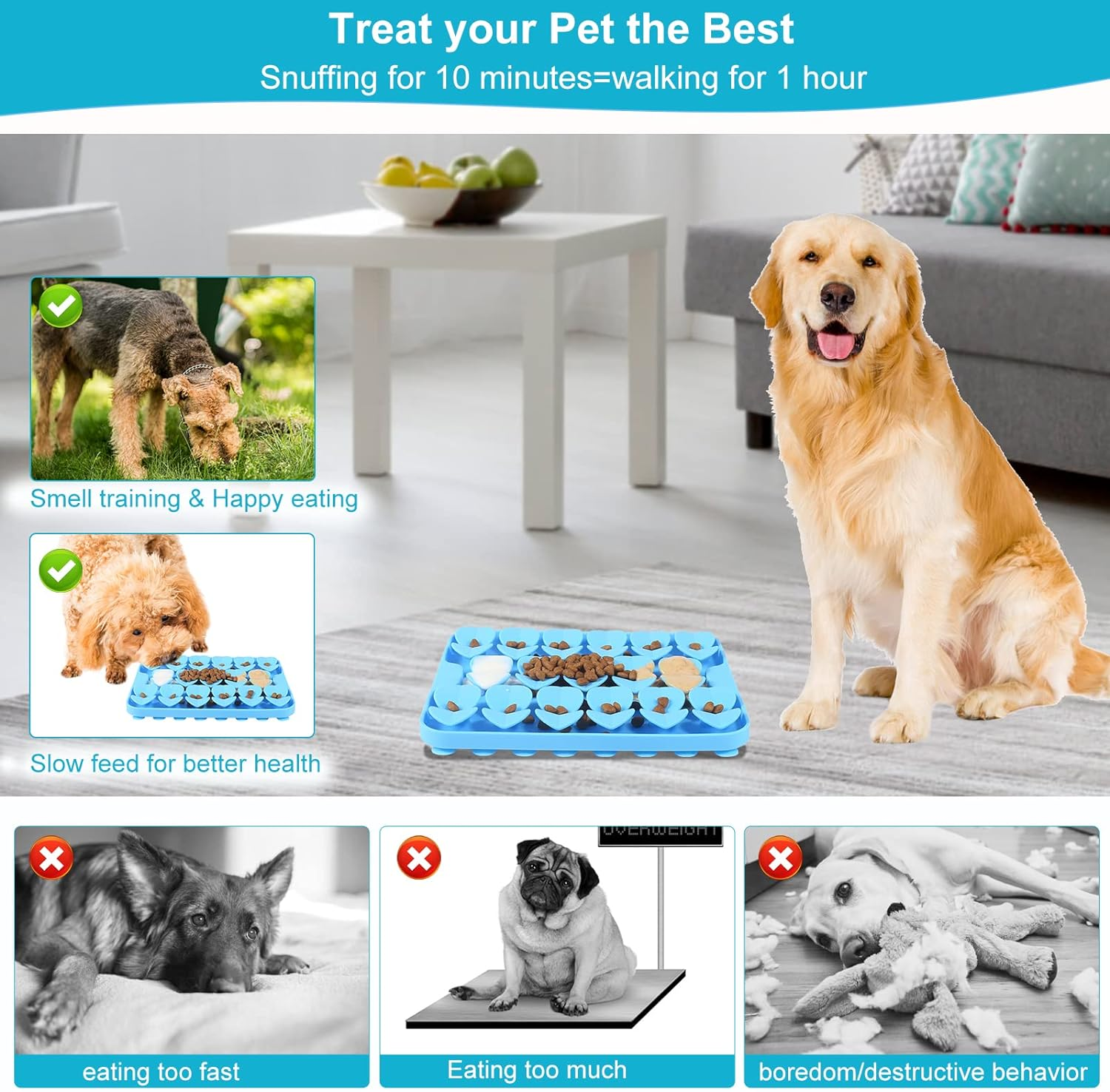 VOOWO Snuffle Mat for Dogs, Silicone Snuffle Mat Lick Mat for Dogs, Slow Feeder Dog Bowl, Dog Lick Mat, Dog Feeding Mat Slow Feeder Sniff Mat for Small Medium and Large Dogs (Blue, Small)