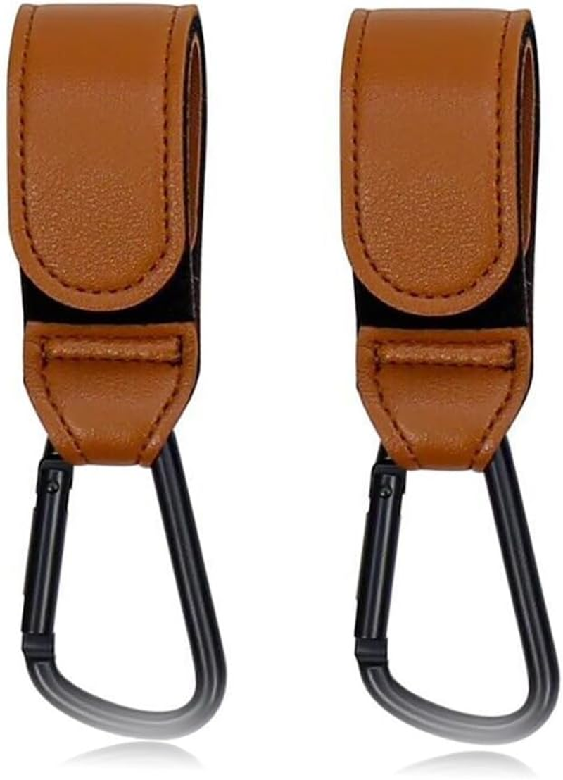 Custelen 2-Pack Universal Stroller Hooks | Adjustable Carabiner Clips for Bags - Carry up to 11 Lbs per Hook | Baby Essentials & Stroller Accessories (Brown)