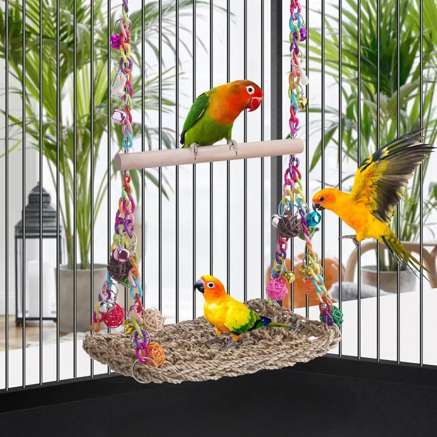 AIMALL Bird Toy Parrot Hammock Swing with Rattan Ball and Color Chain, Double Layer Water Grass Swing, 11.81X7.87 Inches image number 1