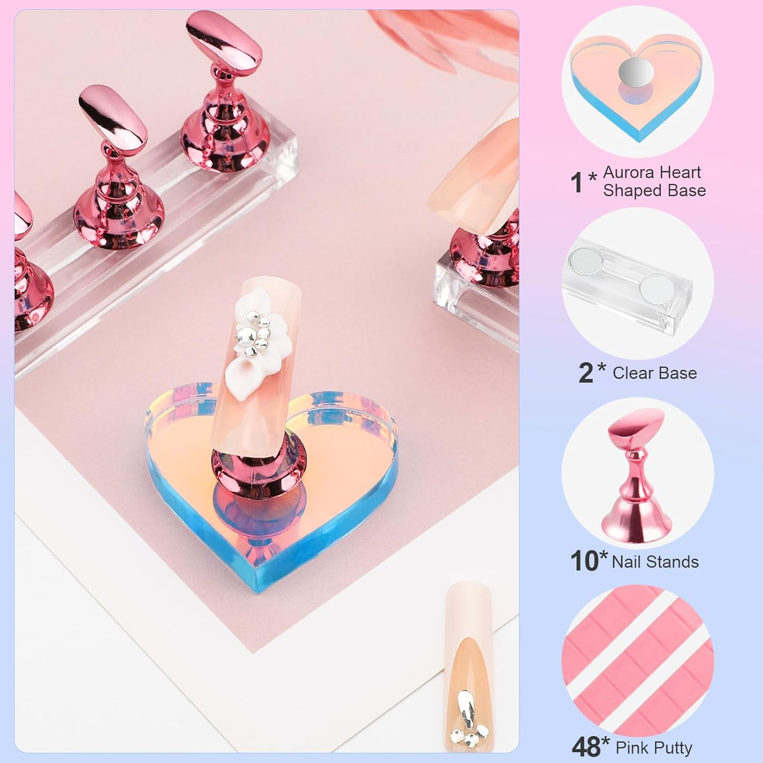 Nail Stand for Press Ons, Magnetic Fake Nail Holder for Painting Nails,Nail Stands for Nail Art with Reusable Putty Home Salon DIY Display Supplies (A-Pink) image number 5