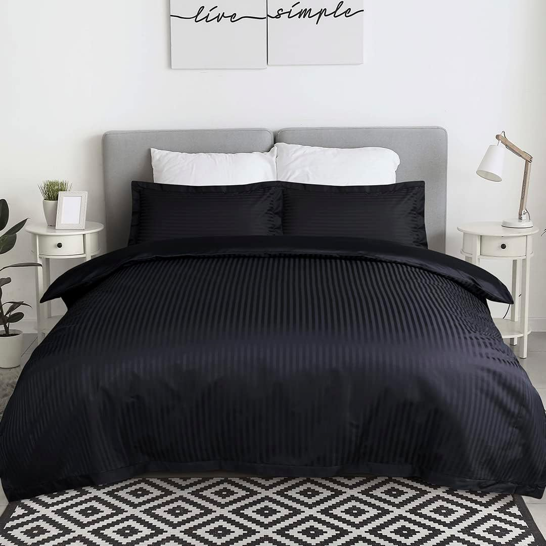 Enviohome 1000 Thread Count Cotton Ivory Satin Stripe Reversible Duvet Cover Quilt Bedding Set - Double, Ivory