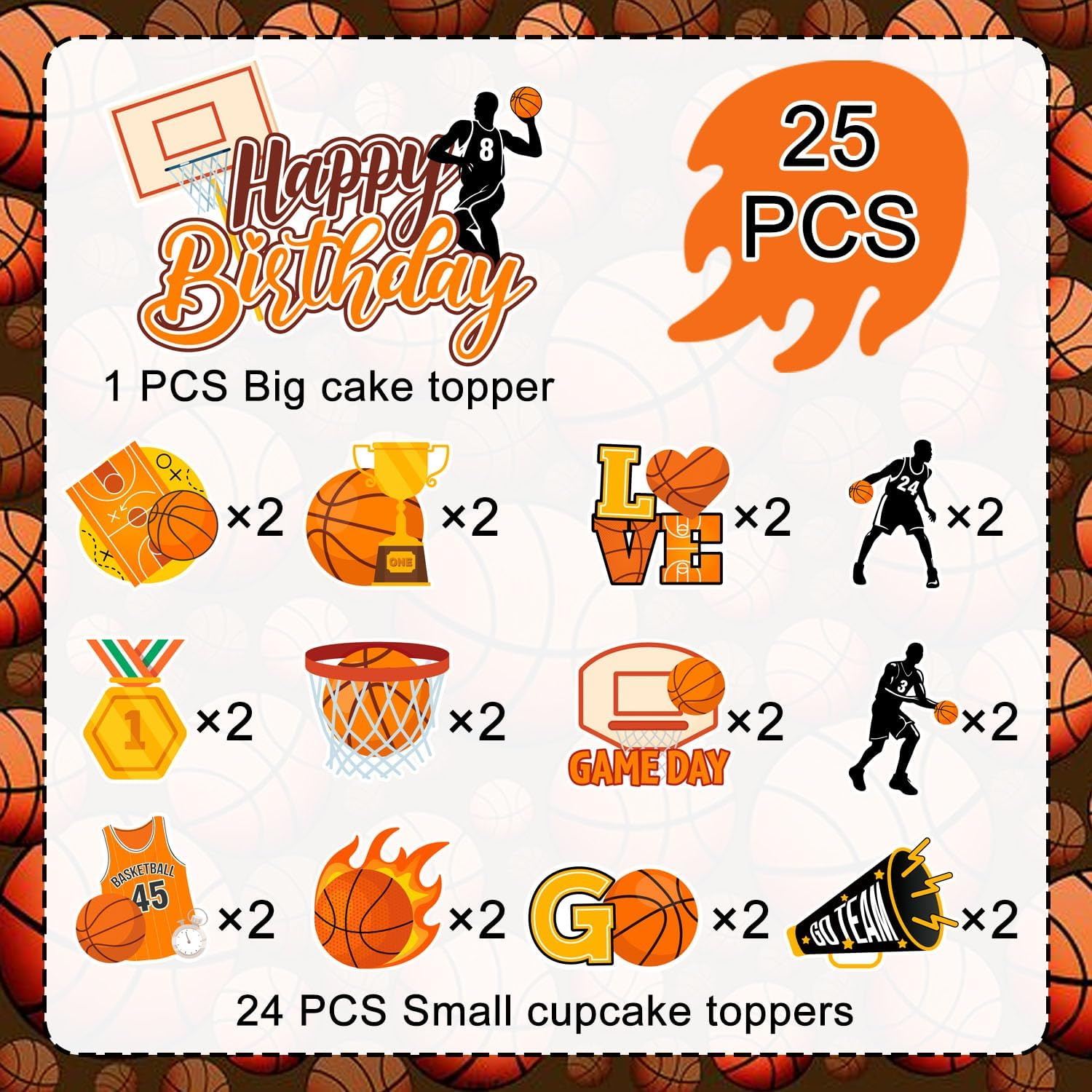 Basketball Cake Topper, 24 Pcs Basketball Cupcake Toppers/Party Cupcake Toppers & 1 Pcs Cake Decorations/Birthday Cake Topper for Party Decorations Supplies image number 5