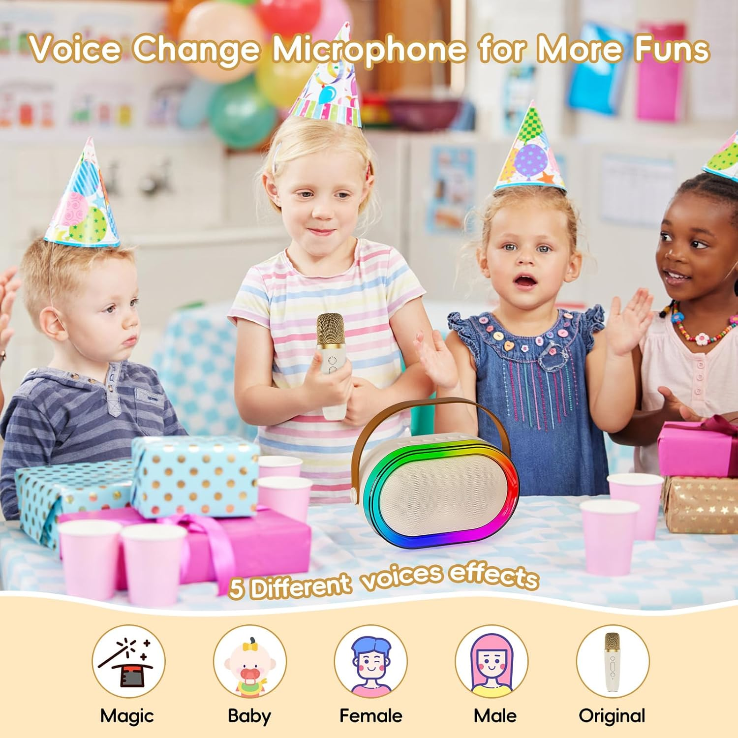 JYX Karaoke Machine for Boys and Girls, Portable Bluetooth Speaker Mini Karaoke Machine with 2 Wireless Microphones & LED Lights for Home Party Gathering, Birthday Gifts for Girls Boys (15W) image number 1