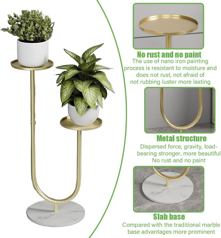 2 Tier Plant Stand Metal,Rock Plate Base, High Temperature Resistance, Scratch Resistance,Tiered Flower Pot Pedestal Display,For Living Room,Balcony,Patio Garden (Gold) image number 5