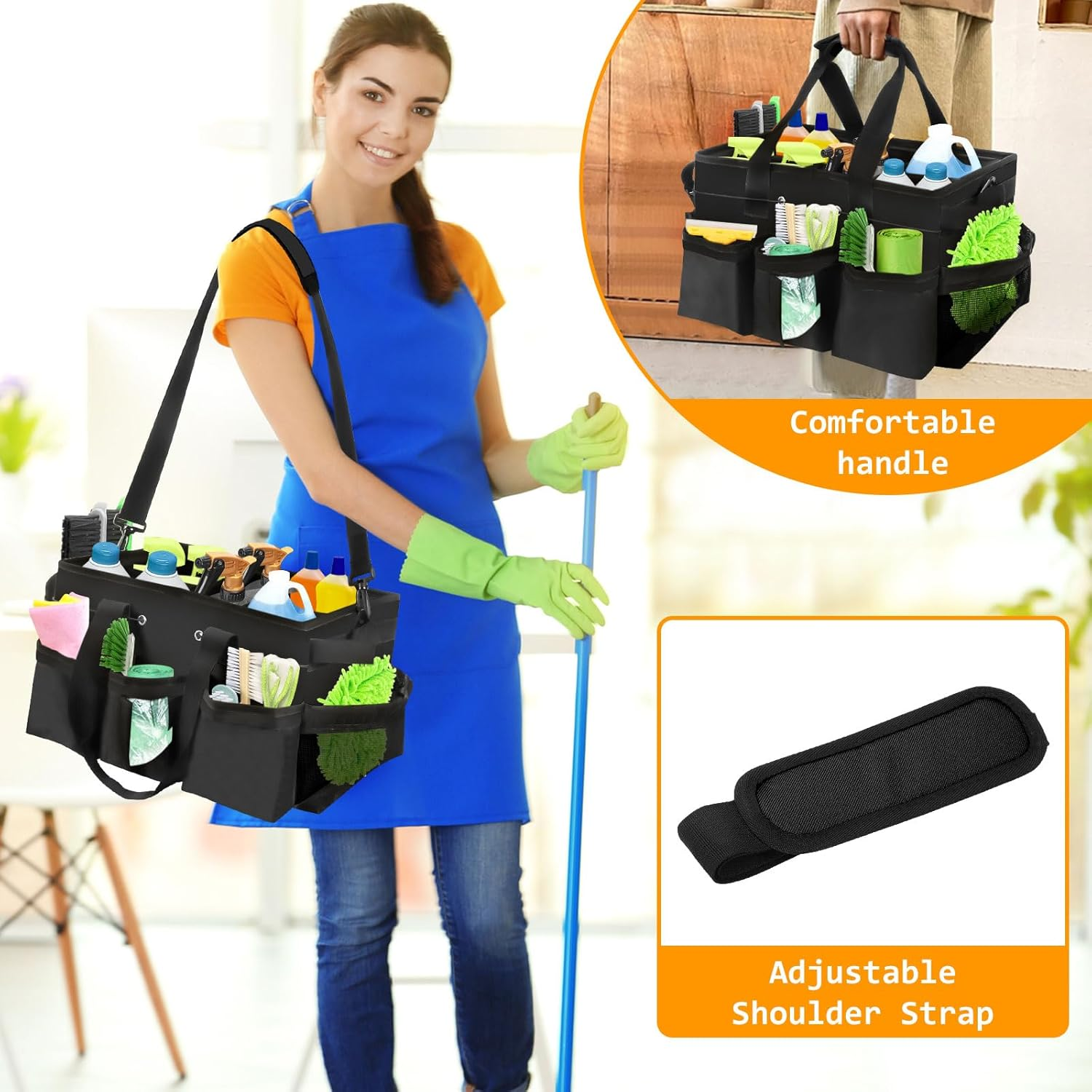 Universal Cleaning Caddy, 40 X 23.5 X 27.5 Cm Cleaning Caddy Organiser with Handle, Large Cleaning Agent Organiser Bag for Cleaning Agents Storage, for Home, Car, Bathroom (Black) image number 1