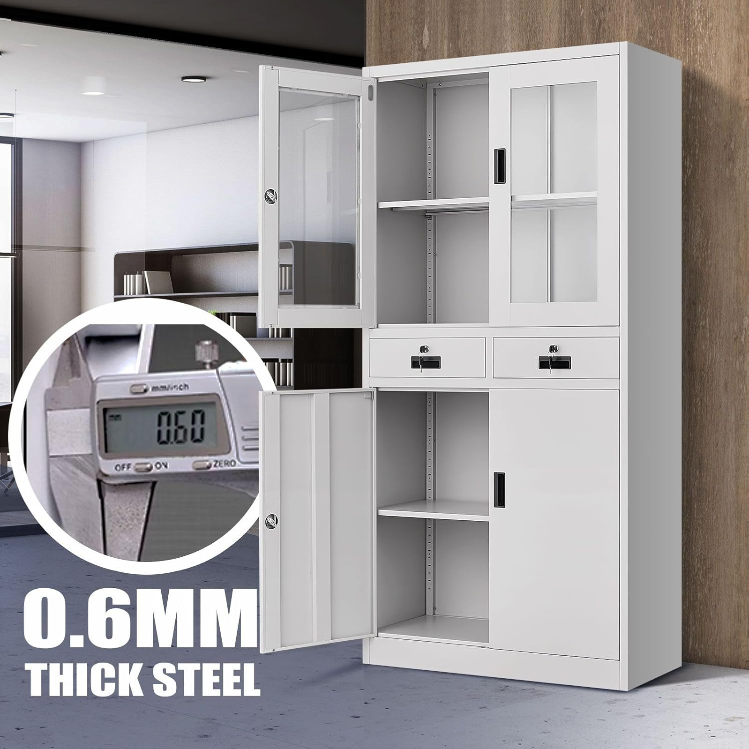 185Cm Steel File Locker Cabinet Lockable Filing Storage with 4 Adjustable Shelves and 2 Drawers,2 Tempered Glass Door & 2 Metal Door Cupboard Office Garage Stationary image number 5