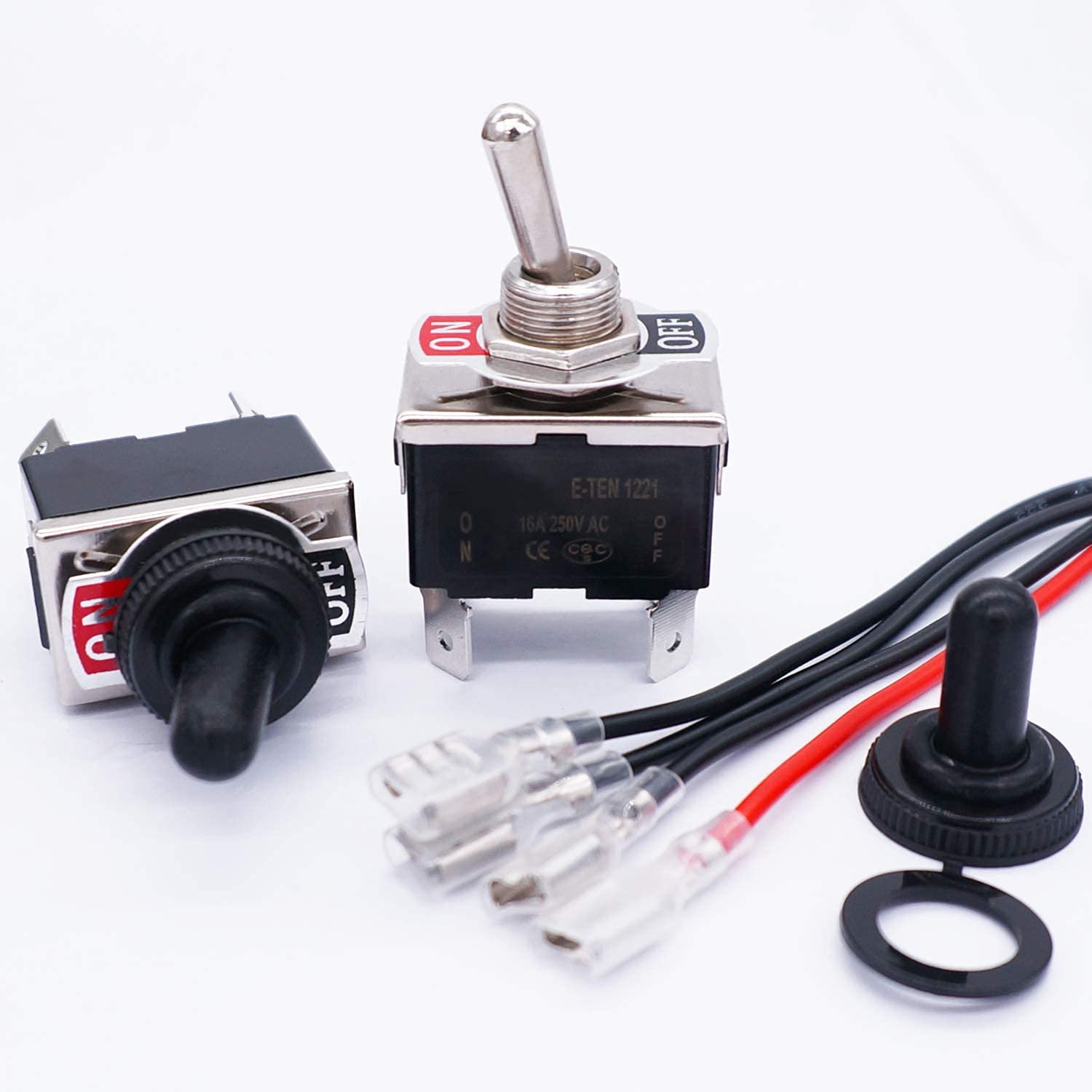Taiss/3 Pcs Rocker Toggle Switch Heavy Duty 4 Pin 2 Position On/Off DPST 16A 250VAC Spade Terminal Metal Bat Switch with Waterproof Boot Cap and 6.3Mm Terminal Wires TEN-1221MX-B201 image number 2