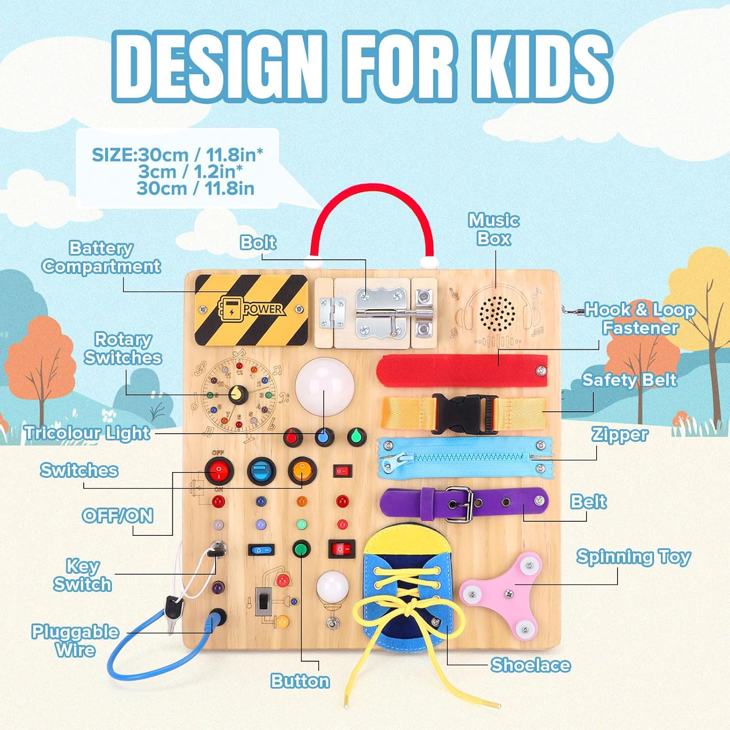 3 in 1 Busy Board Montessori Toys for 1-3 Year Old Wooden Learning Educational for Toddlers with 15 Switches, 26 LED Lights, Music Boxes, Locks,Zippers Toddler Sensory Toys for Soothing a Baby image number 1