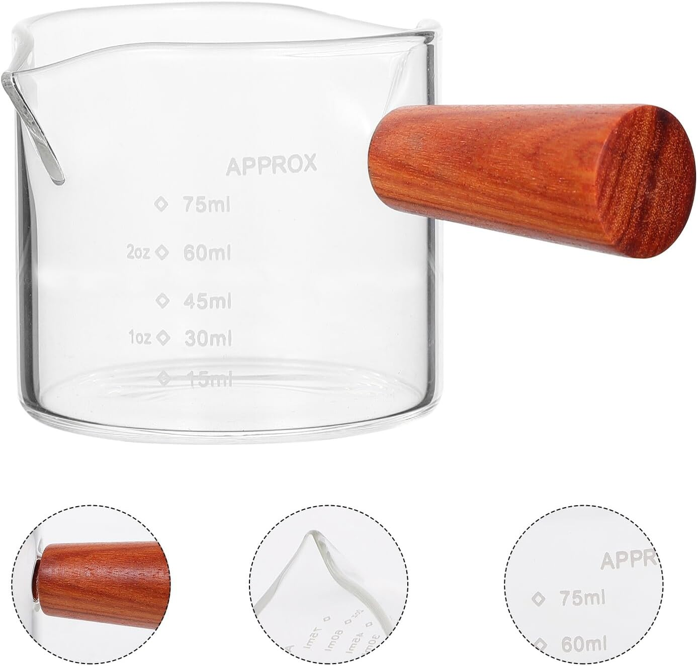 Cabilock Glass Milk Cup with Wooden Handle Double Spout Measuring Cup for Latte Art Coffee Espresso Cappuccino Accessories Home Coffee Bar Practical and Easy to Clean image number 4