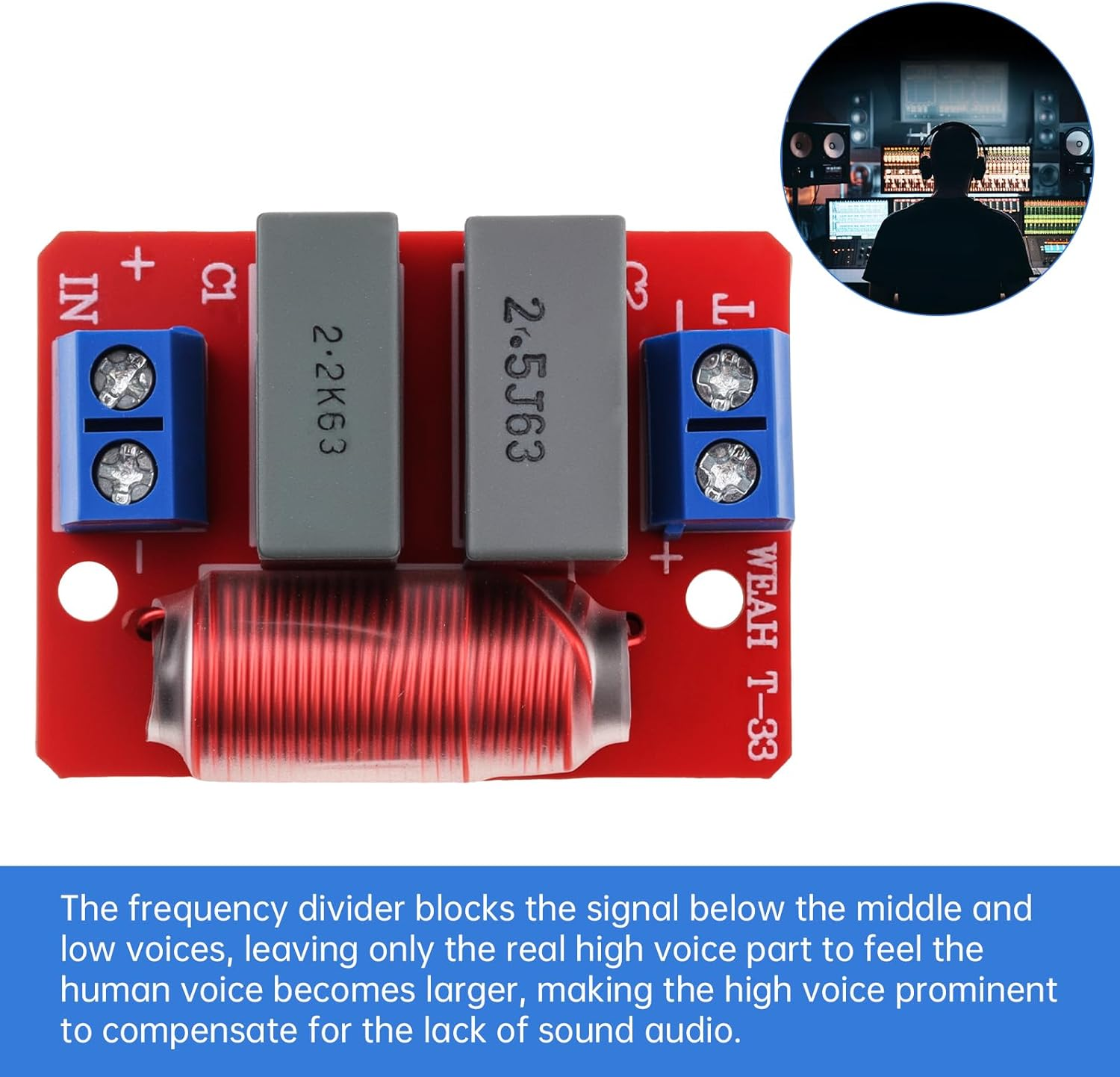 Drisentri 1 Way Crossover, 80W 4-10 Ohm Audiophile High Pass Tweeter Crossover for Car/Home Hifi Speakers image number 2