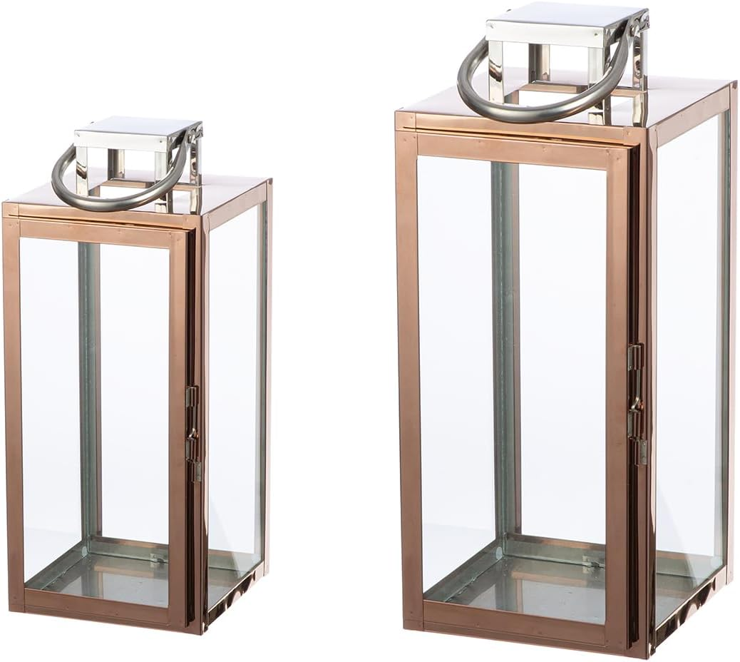 Casablanca Set of 2 Galano Lanterns Made of Stainless Steel and Glass - Rose Gold - Shiny - Height 38 Cm X Width 16 Cm - Candle Holder