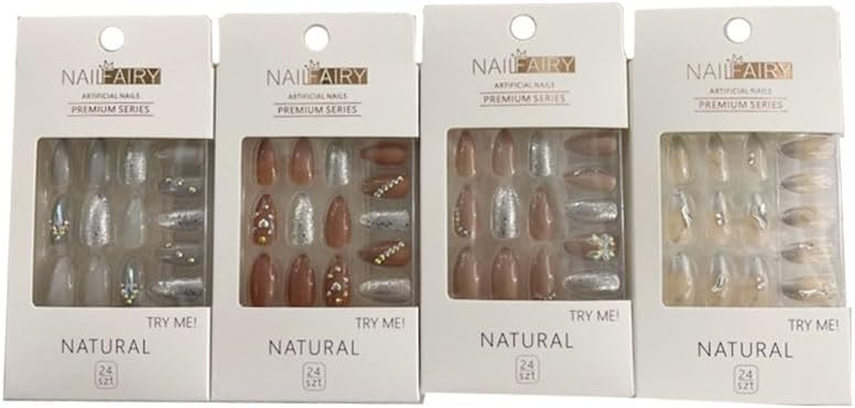 [4PK] Lylac Homeware Premium Press-On Nails Set, 24 Pieces Natural Style, Mixed Designs with Decorative Elements, 4 Assorted