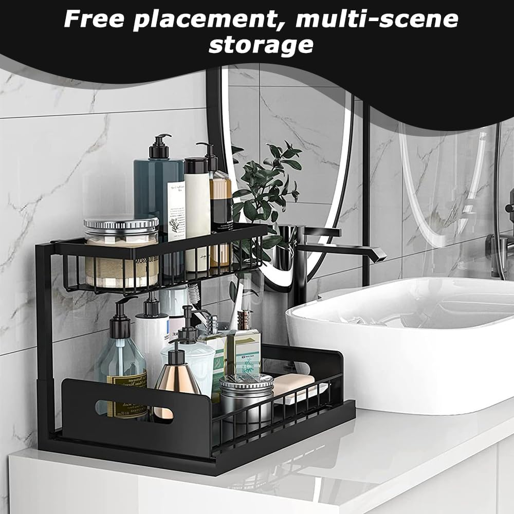 Ultra-Durable Pull-Out under Sink Organizer, Black Space-Saving Storage Shelf, Carbon Steel Drawer Rack, Suitable for Kitchen Cabinets, Bathroom & Office Drawers image number 6