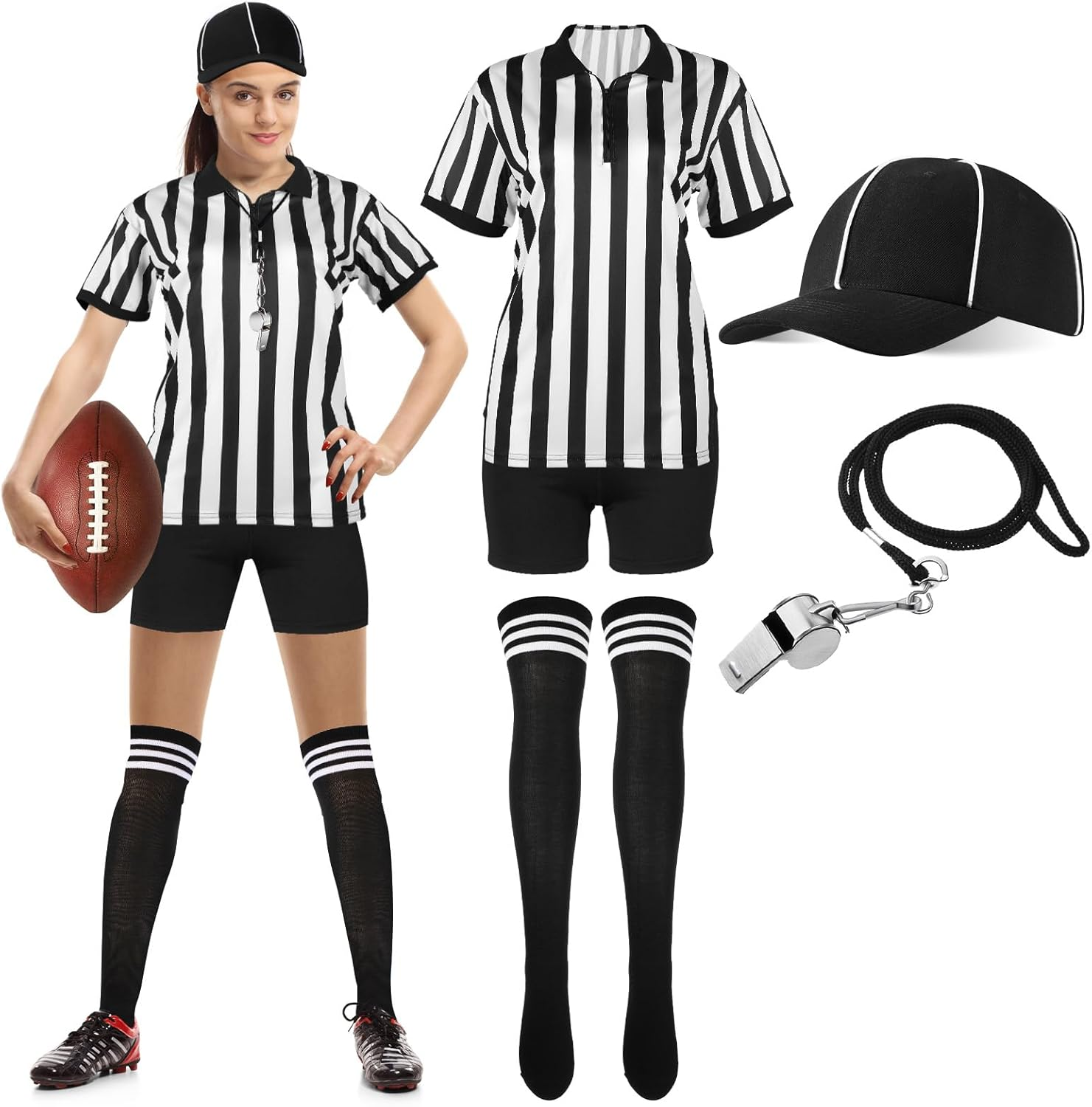 Women Referee Costume Black and White Stripe Ref Shirt Jersey Shorts Referee Hat for Carnival Party Halloween Cosplay Party